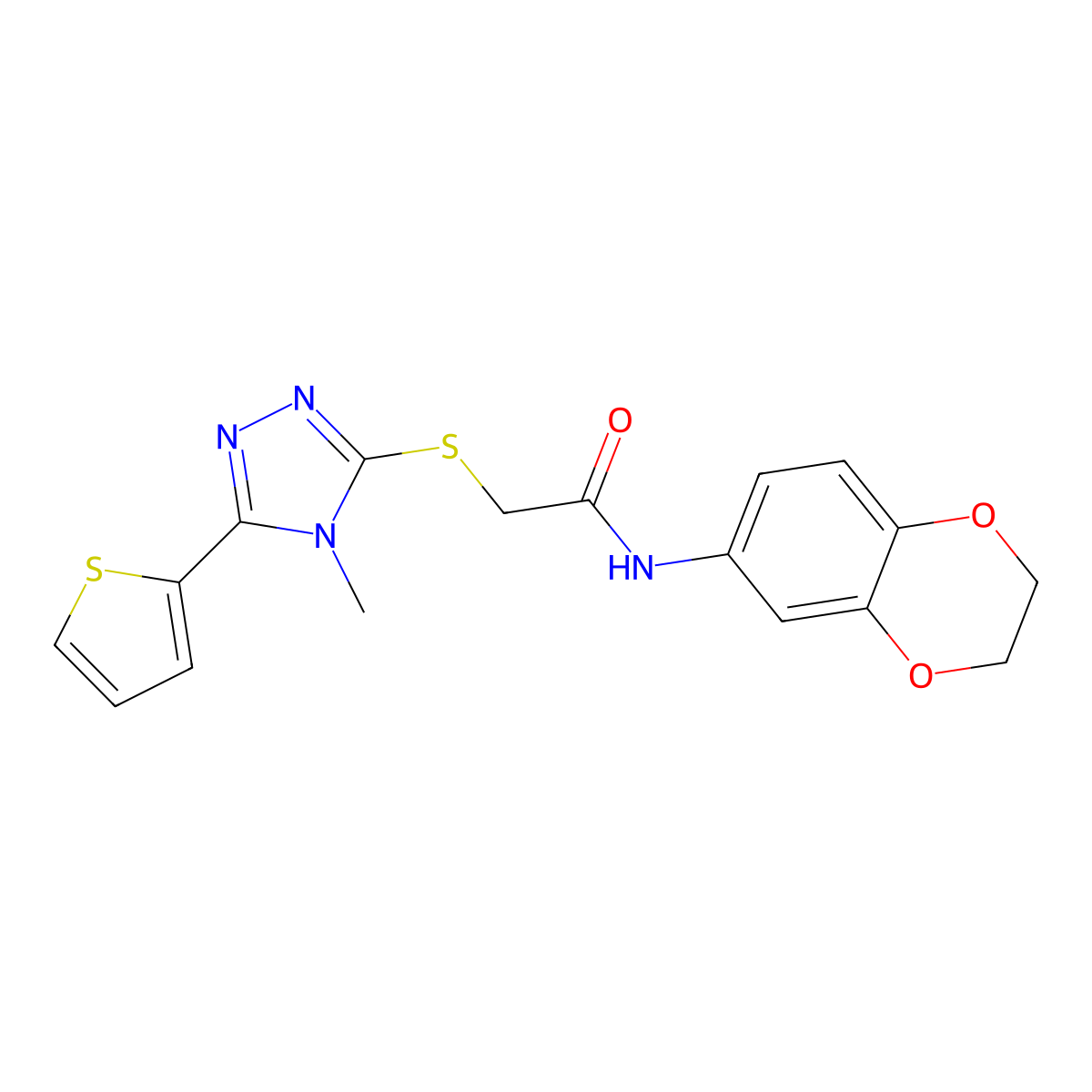 N-(2,3-dihydro-1,4-benzodioxin-6-yl)-2-{[4-methyl-5-(thiophen-2-yl)-4H-1,2,4-triazol-3-yl]sulfanyl}acetamide molecular structure, CAS 557072-90-9
