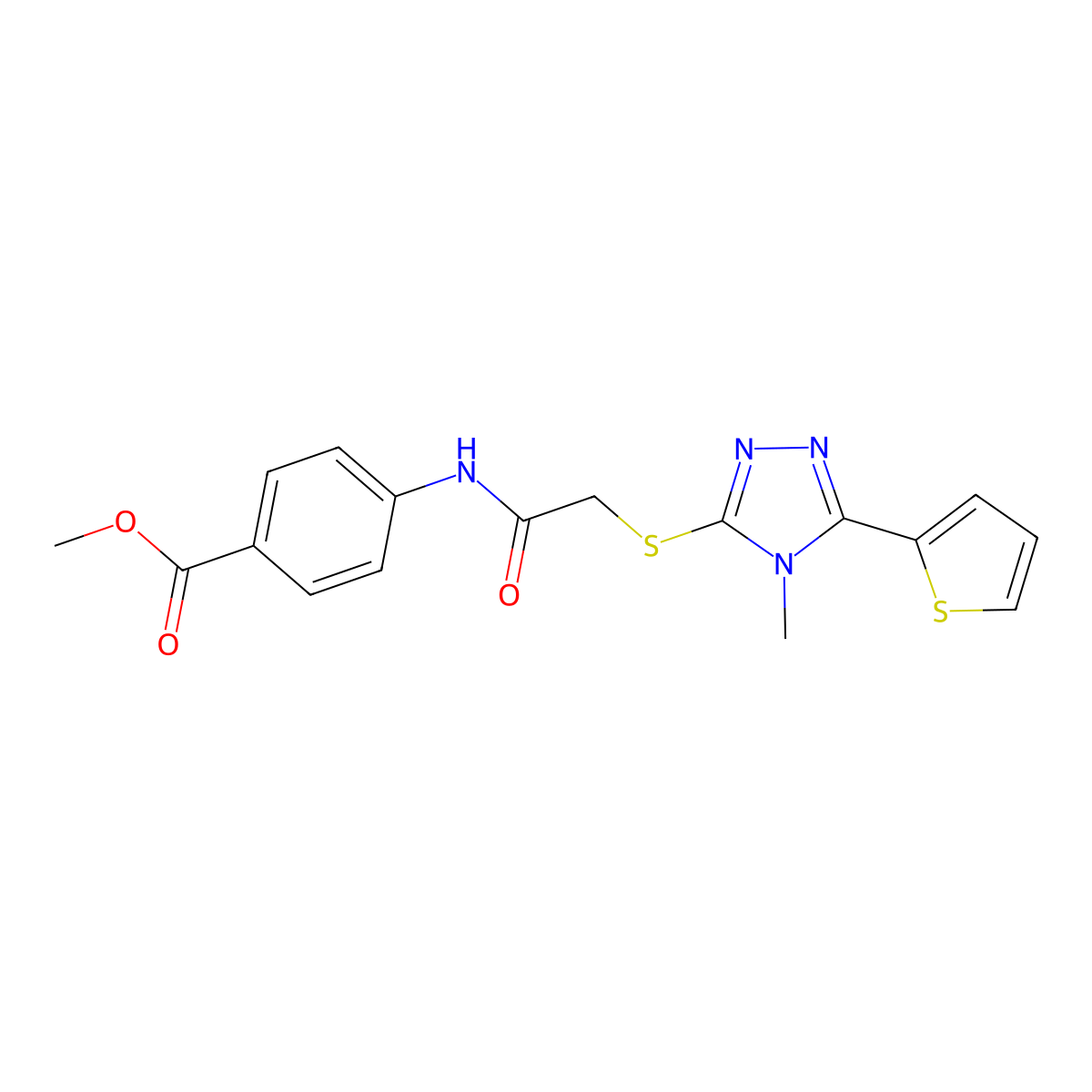 methyl 4-[({[4-methyl-5-(thiophen-2-yl)-4H-1,2,4-triazol-3-yl]sulfanyl}acetyl)amino]benzoate molecular structure, CAS 557072-93-2