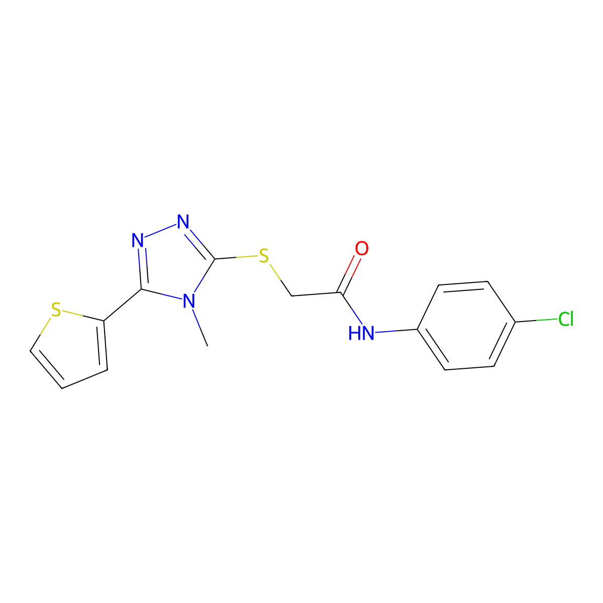 N-(4-chlorophenyl)-2-{[4-methyl-5-(thiophen-2-yl)-4H-1,2,4-triazol-3-yl]sulfanyl}acetamide molecular structure, CAS 557073-02-6
