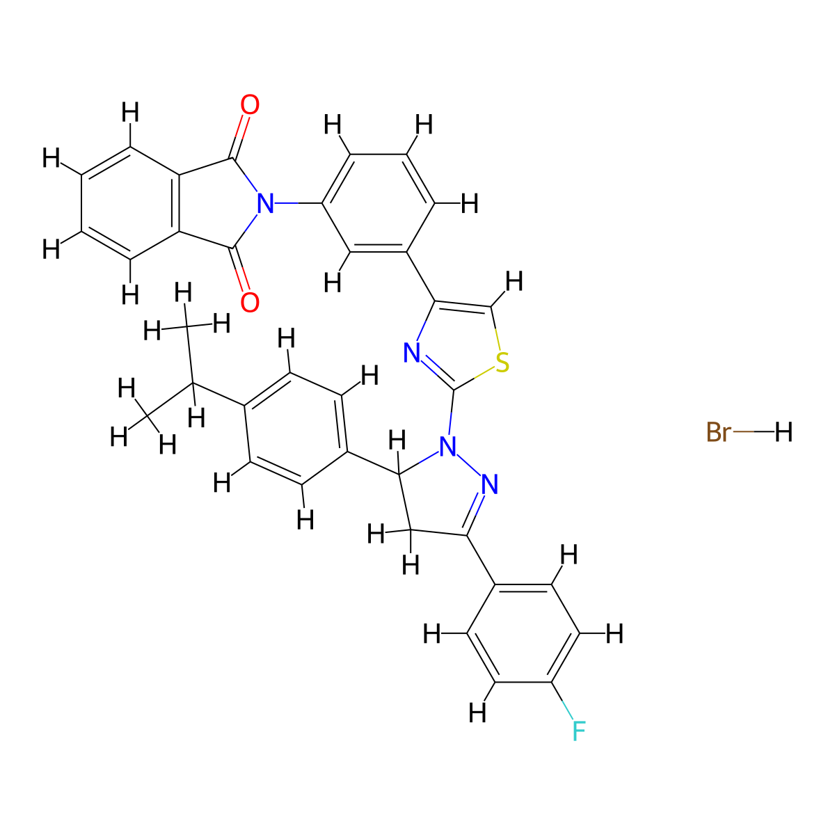 2-[3-[2-[5-(4-Fluorophenyl)-3-(4-propan-2-ylphenyl)-3,4-dihydropyrazol-2-yl]-1,3-thiazol-4-yl]phenyl]isoindole-1,3-dione;hydrobromide molecular structure, CAS 5571-66-4