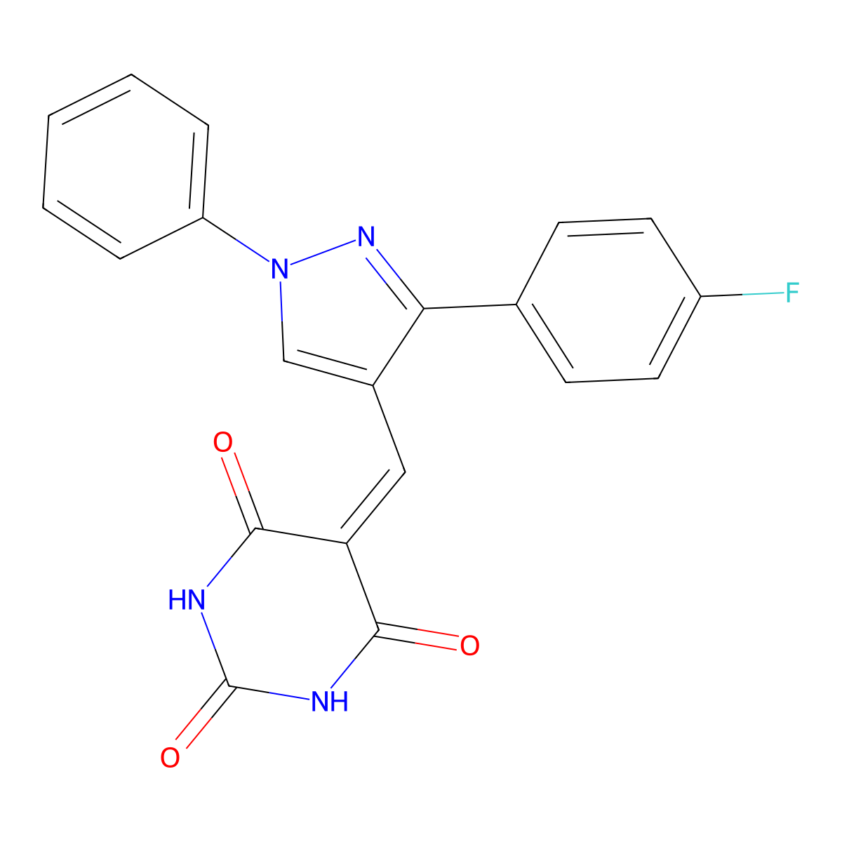 5-{[3-(4-fluorophenyl)-1-phenyl-1H-pyrazol-4-yl]methylidene}pyrimidine-2,4,6(1H,3H,5H)-trione molecular structure, CAS 5573-46-6