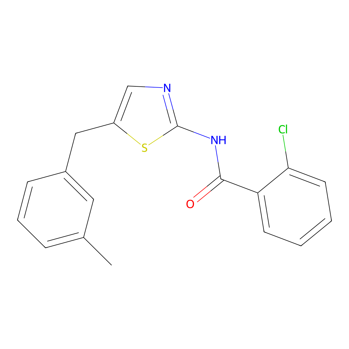 2-chloro-N-[5-(3-methylbenzyl)-1,3-thiazol-2-yl]benzamide molecular structure, CAS 5575-85-9