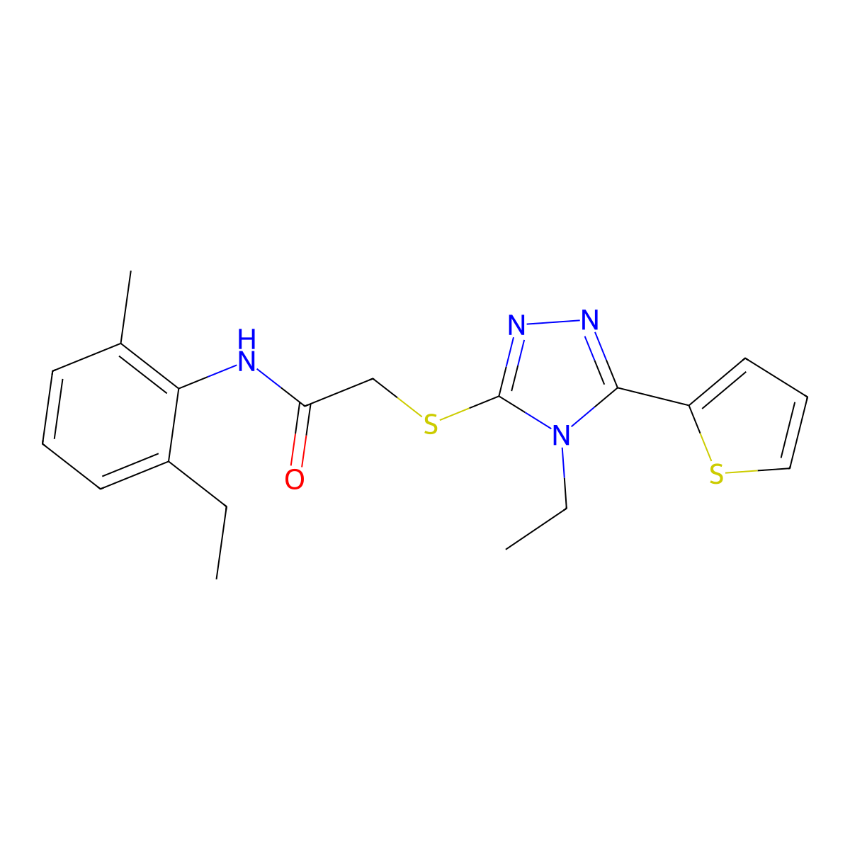 N-(2-Ethyl-6-methylphenyl)-2-((4-ethyl-5-(2-thienyl)-4H-1,2,4-triazol-3-YL)sulfanyl)acetamide molecular structure, CAS 557755-51-8