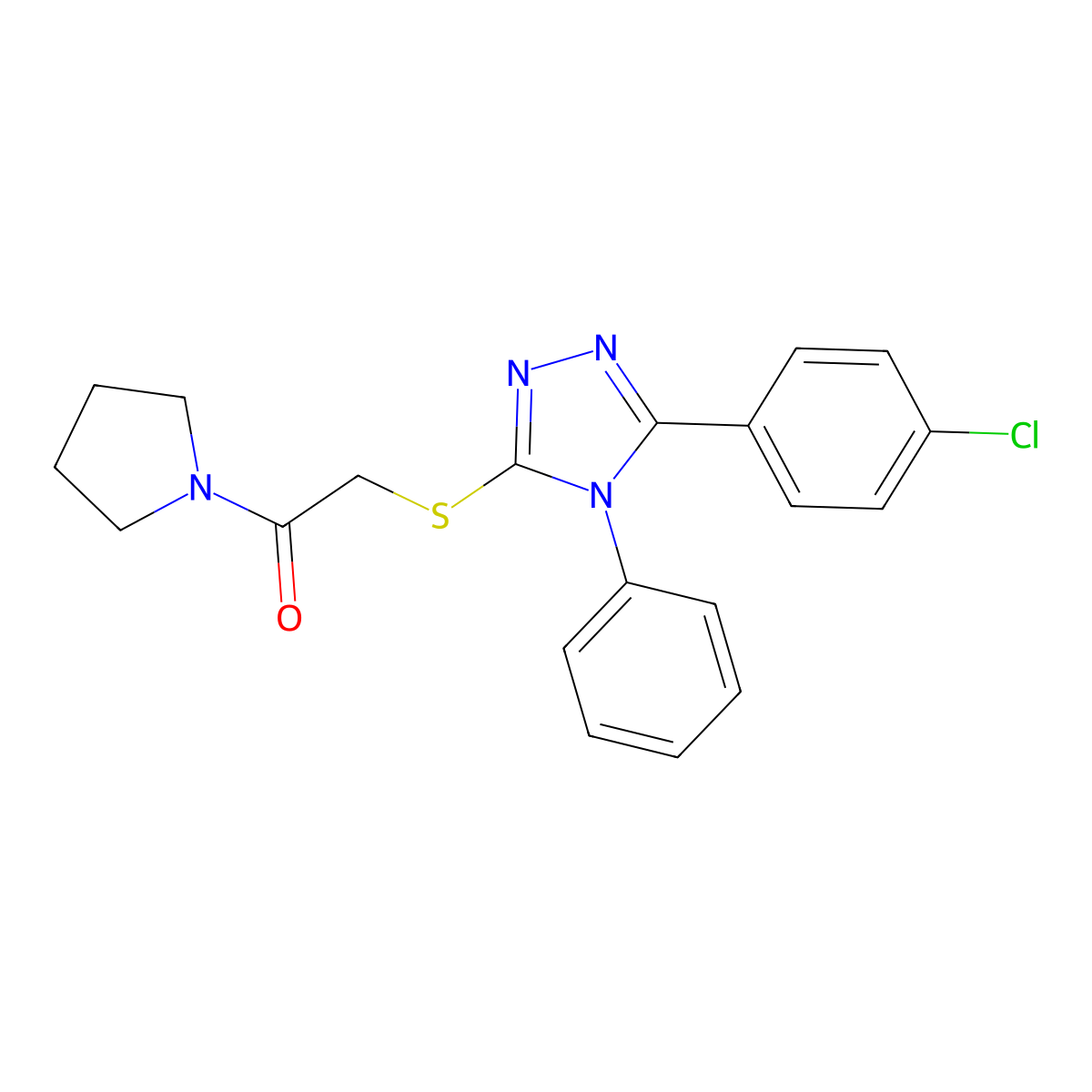 2-[[5-(4-Chlorophenyl)-4-phenyl-1,2,4-triazol-3-yl]sulfanyl]-1-pyrrolidin-1-ylethanone molecular structure, CAS 557760-89-1