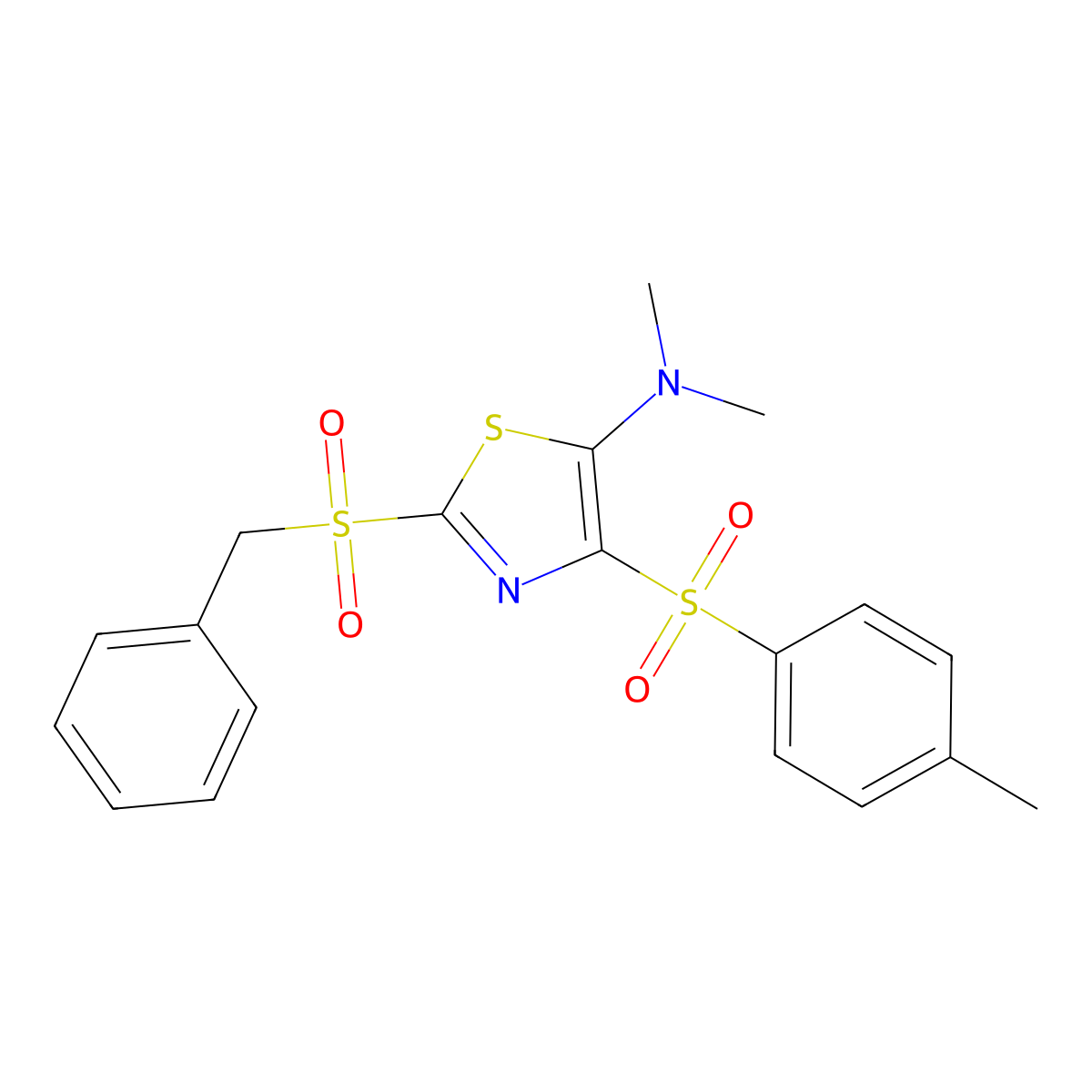 2-(benzylsulfonyl)-N,N-dimethyl-4-[(4-methylphenyl)sulfonyl]-1,3-thiazol-5-amine molecular structure, CAS 557773-83-8