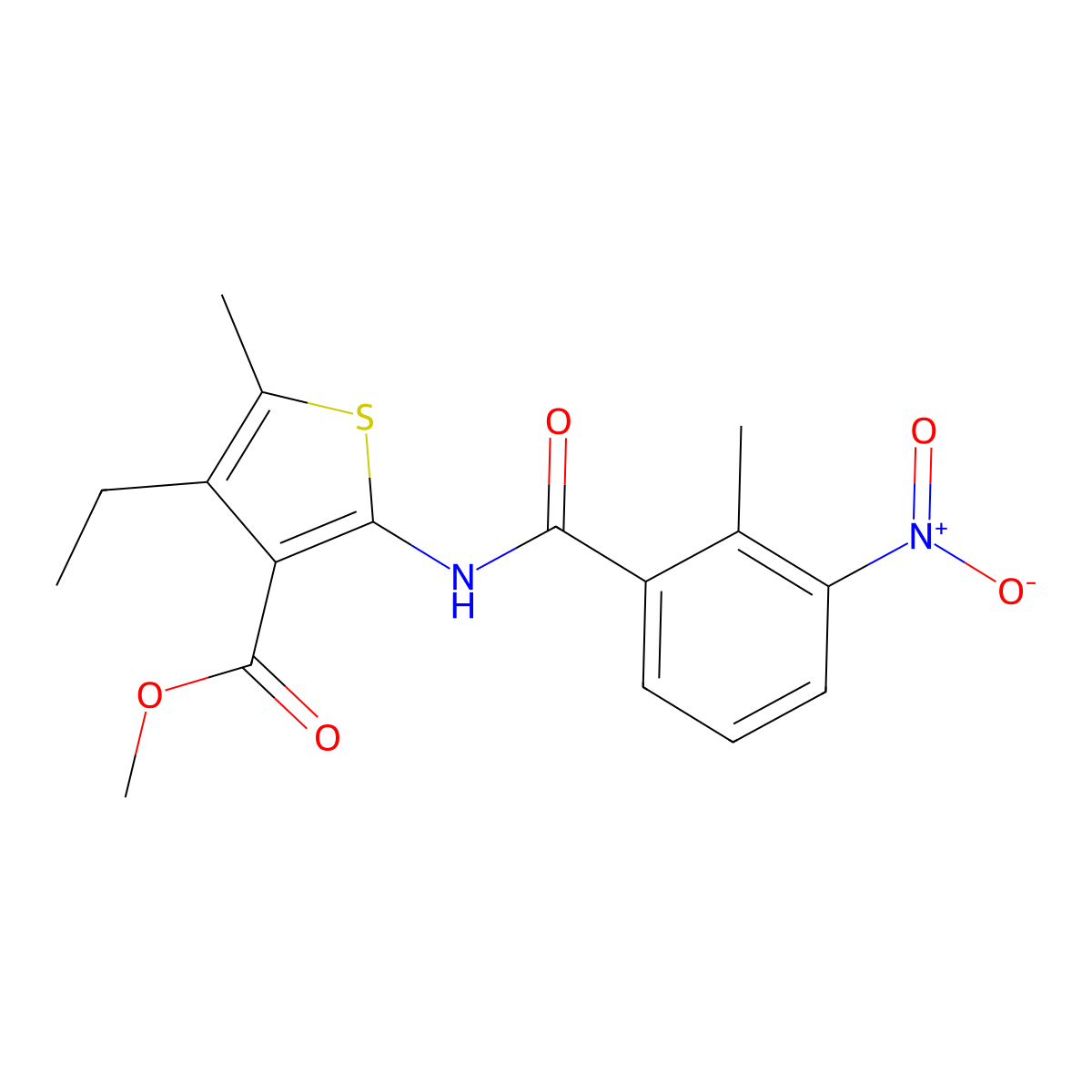 Methyl 4-ethyl-2-({3-nitro-2-methylbenzoyl}amino)-5-methyl-3-thiophenecarboxylate molecular structure, CAS 557779-91-6