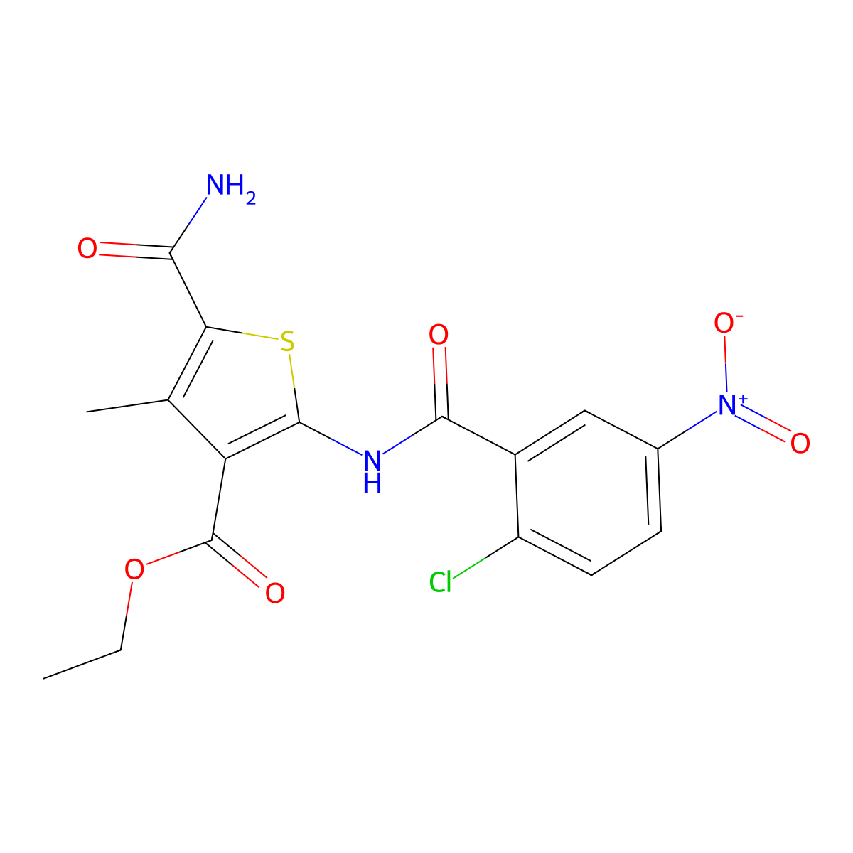 Ethyl 5-carbamoyl-2-[(2-chloro-5-nitrobenzoyl)amino]-4-methylthiophene-3-carboxylate molecular structure, CAS 557781-91-6