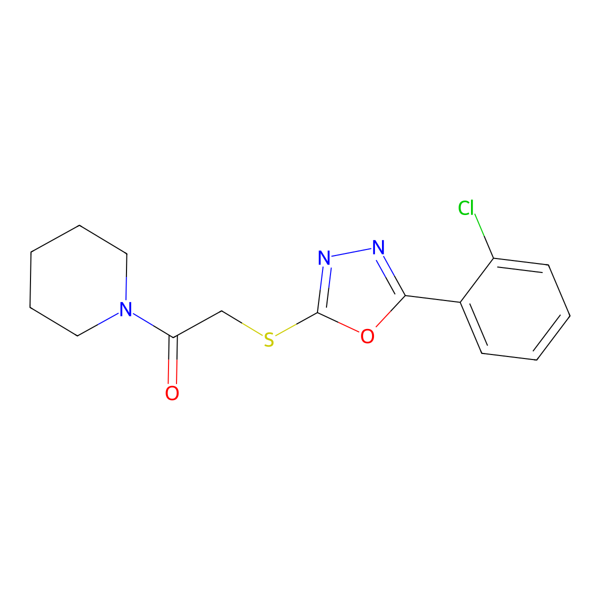 2-[[5-(2-Chlorophenyl)-1,3,4-oxadiazol-2-yl]thio]-1-(1-piperidinyl)ethanone molecular structure, CAS 557783-90-1