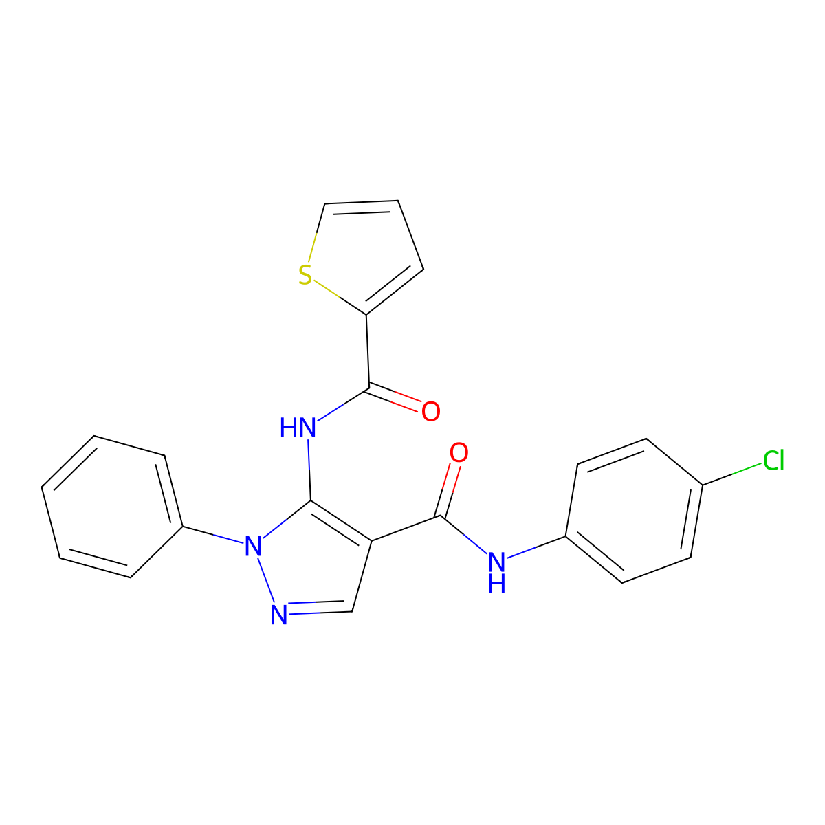 N-(4-chlorophenyl)-1-phenyl-5-(thiophene-2-carbonylamino)pyrazole-4-carboxamide molecular structure, CAS 5578-55-2
