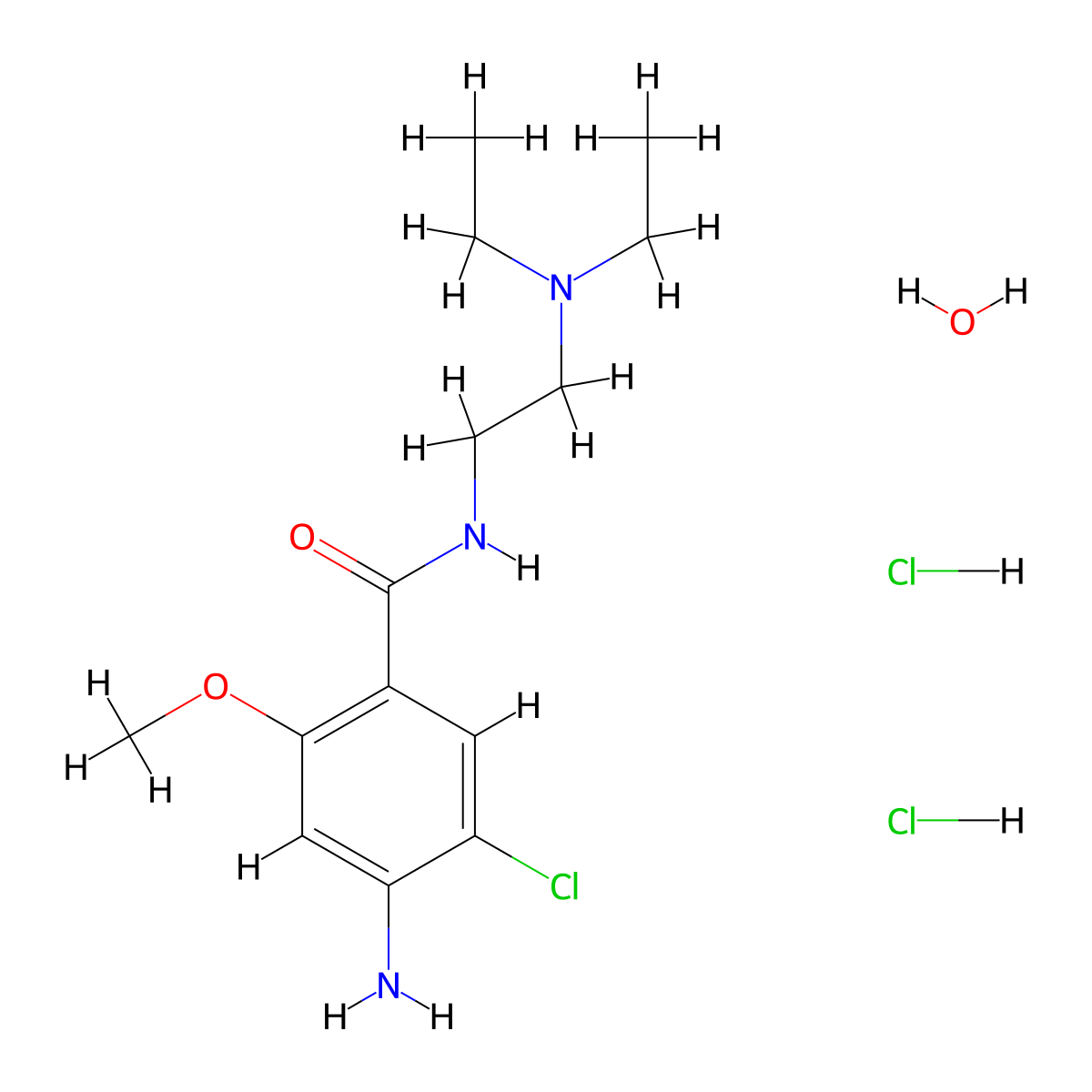 Metoclopramide dihydrochloride monohydrate molecular structure, CAS 5581-45-3