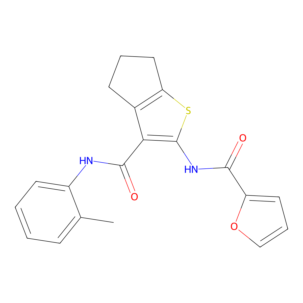 N-{3-[(2-methylphenyl)carbamoyl]-5,6-dihydro-4H-cyclopenta[b]thiophen-2-yl}furan-2-carboxamide molecular structure, CAS 5581-56-6