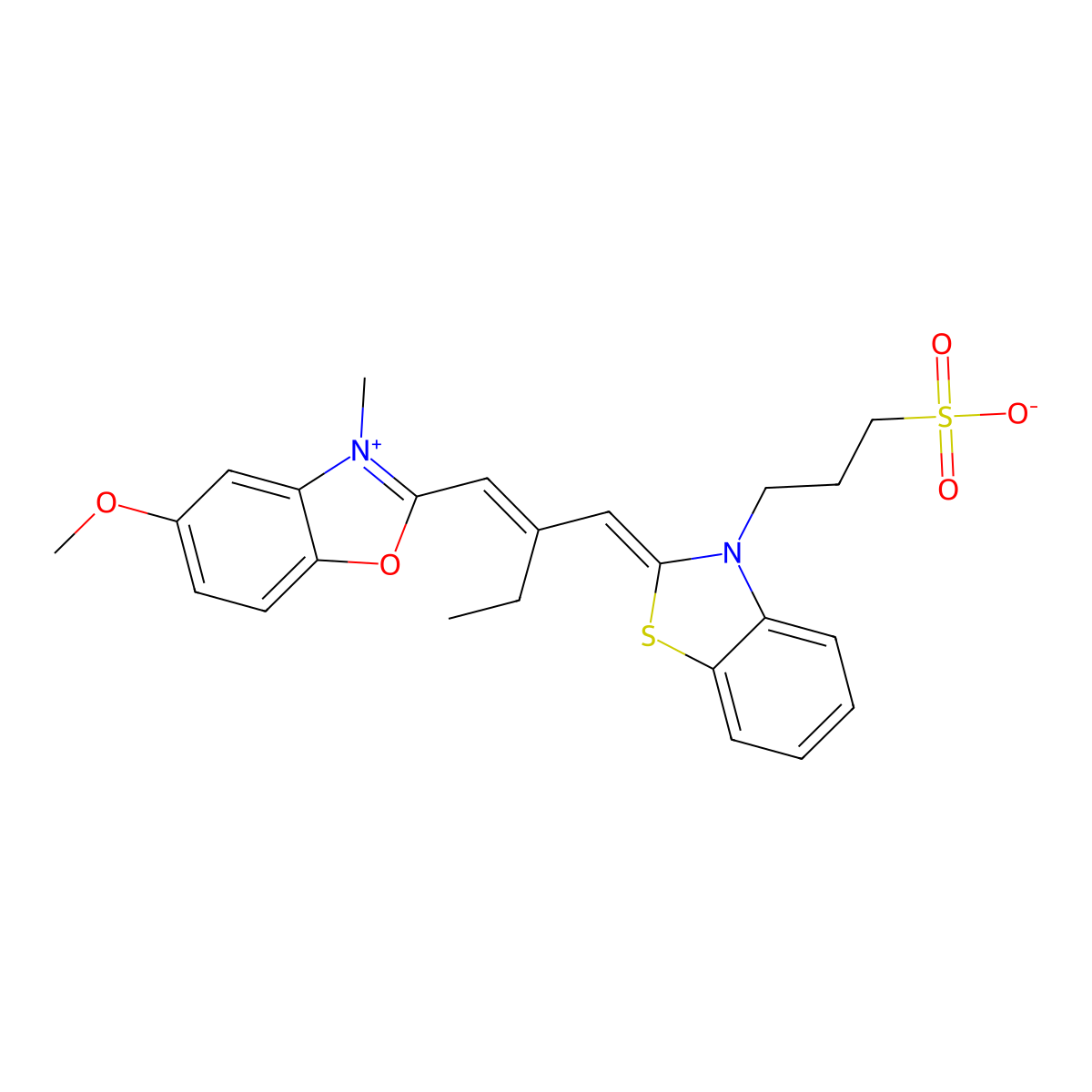3-[2-[2-[(5-Methoxy-3-methyl-1,3-benzoxazol-2-ylidene)methyl]but-1-enyl]-1,3-benzothiazol-3-ium-3-yl]propane-1-sulfonate molecular structure, CAS 55811-26-2