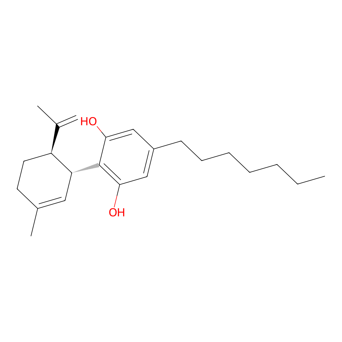 5-heptyl-2-((1R,6R)-3-methyl-6-prop-1-en-2-ylcyclohex-2-en-1-yl)benzene-1,3-diol molecular structure, CAS 55824-13-0