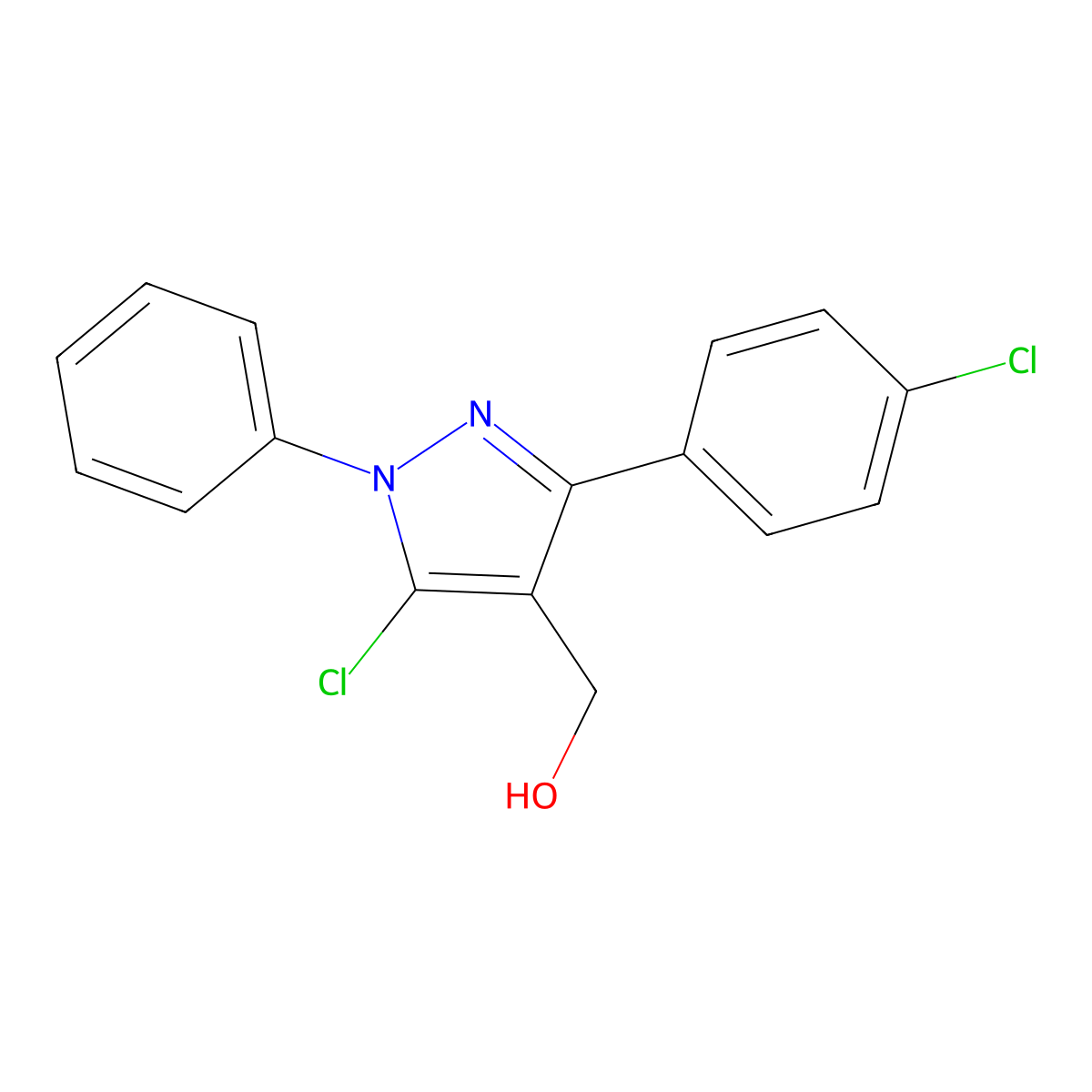 [5-Chloro-3-(4-chloro-phenyl)-1-phenyl-1H-pyrazol-4-yl]-methanol molecular structure, CAS 55828-93-8