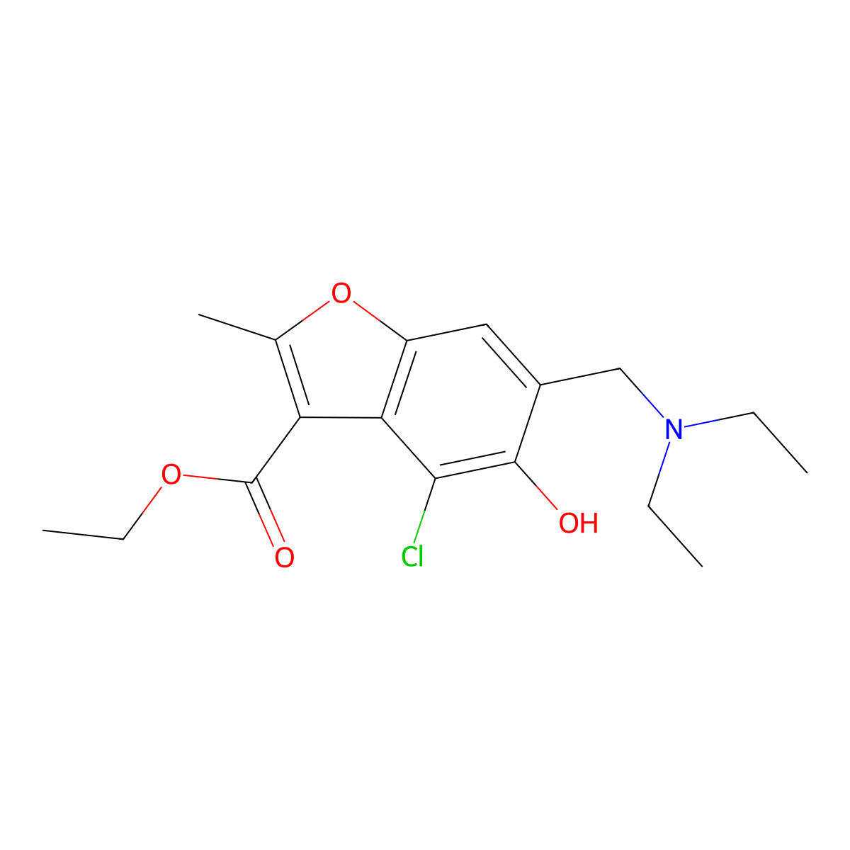3-Benzofurancarboxylic acid, 4-chloro-6-(diethylaminomethyl)-5-hydroxy-2-methyl-, ethyl ester molecular structure, CAS 55831-71-5