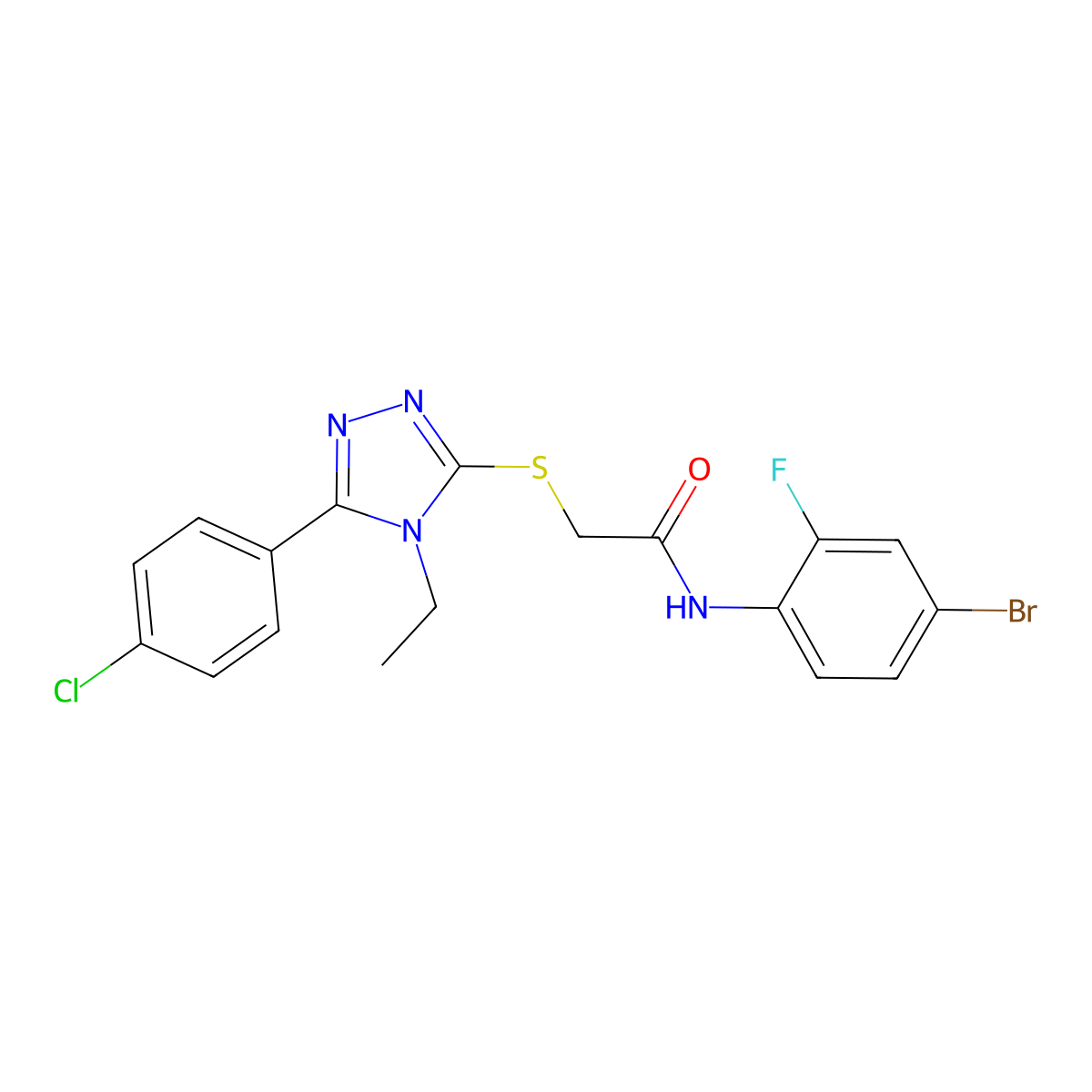 N-(4-bromo-2-fluorophenyl)-2-[[5-(4-chlorophenyl)-4-ethyl-1,2,4-triazol-3-yl]sulfanyl]acetamide molecular structure, CAS 558454-54-9