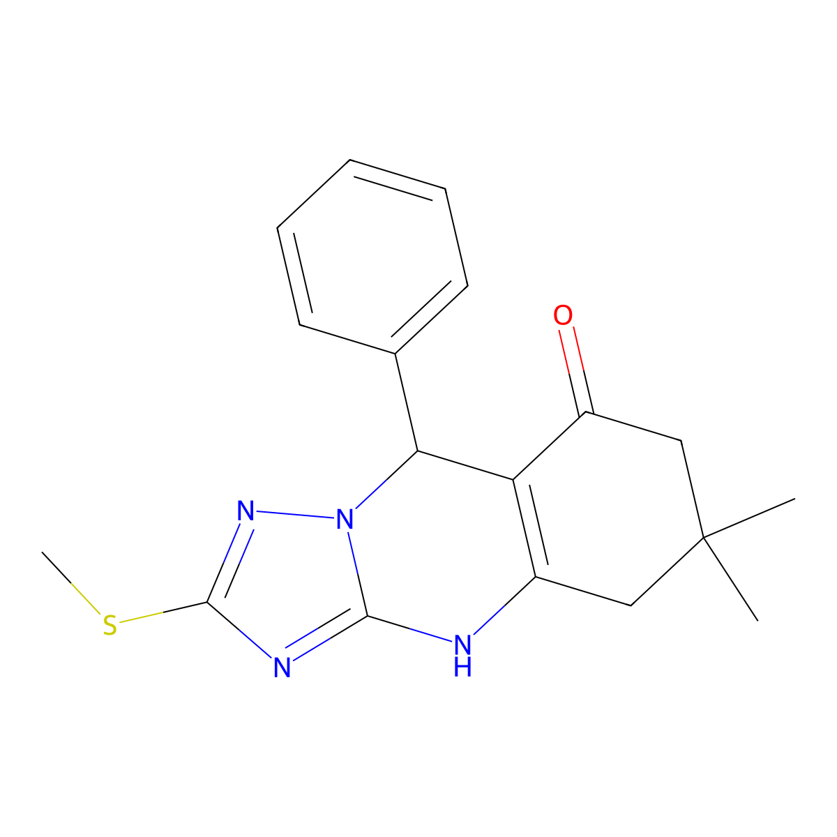 6,6-dimethyl-2-(methylsulfanyl)-9-phenyl-5,6,7,9-tetrahydro[1,2,4]triazolo[5,1-b]quinazolin-8(4H)-one molecular structure, CAS 558474-25-2