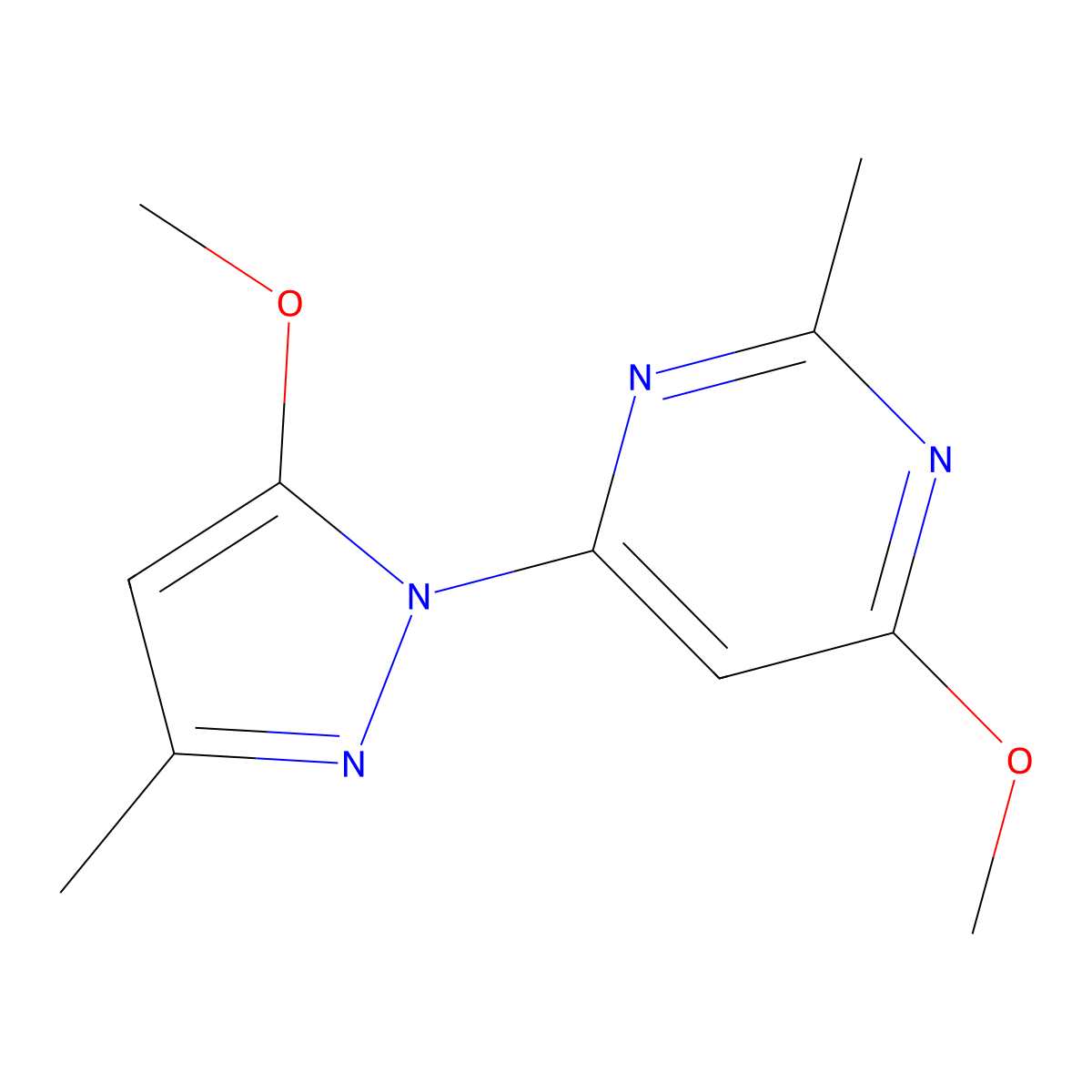 Pyrimidine, 4-methoxy-6-(5-methoxy-3-methylpyrazol-1-yl)-2-methyl- molecular structure, CAS 55892-56-3