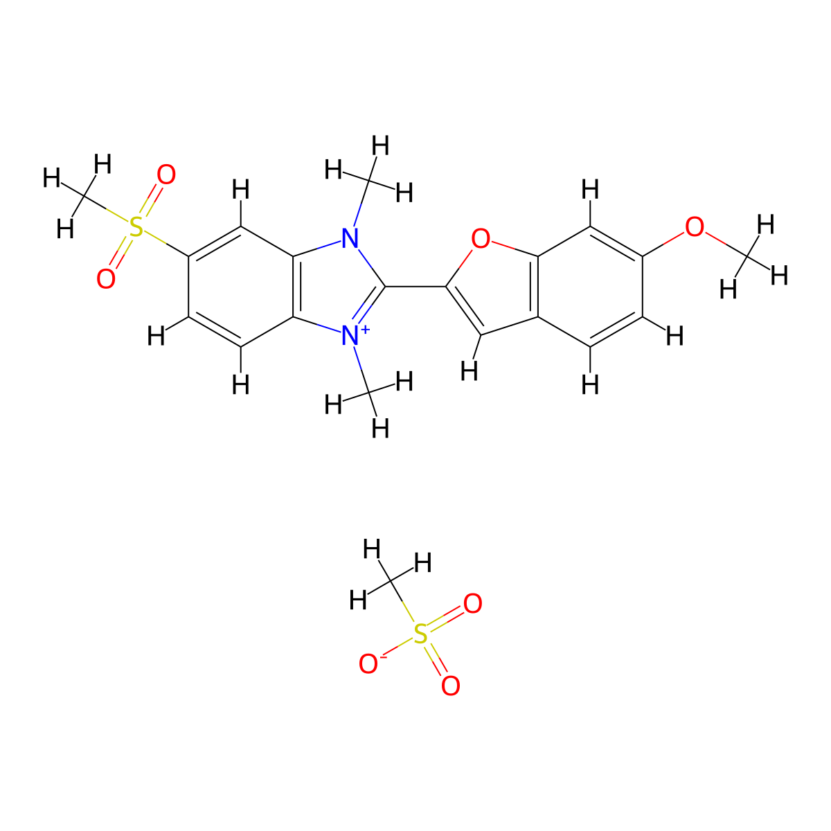 1H-Benzimidazolium, 2-(6-methoxy-2-benzofuranyl)-1,3-dimethyl-5-(methylsulfonyl)-, methyl sulfate (1:1) molecular structure, CAS 55911-29-0