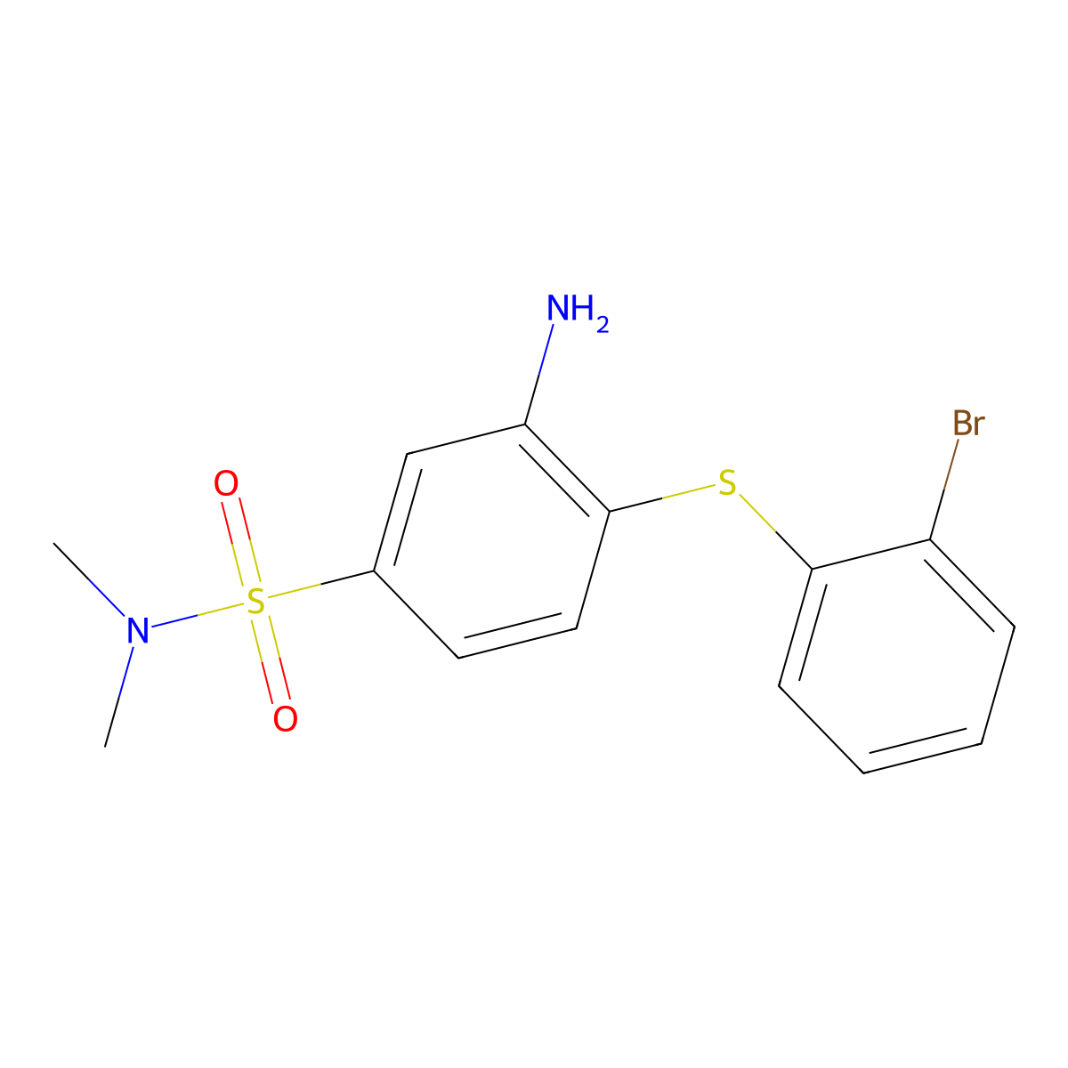 3-Amino-4-((2-bromophenyl)thio)-N,N-dimethylbenzenesulphonamide molecular structure, CAS 5592-64-3