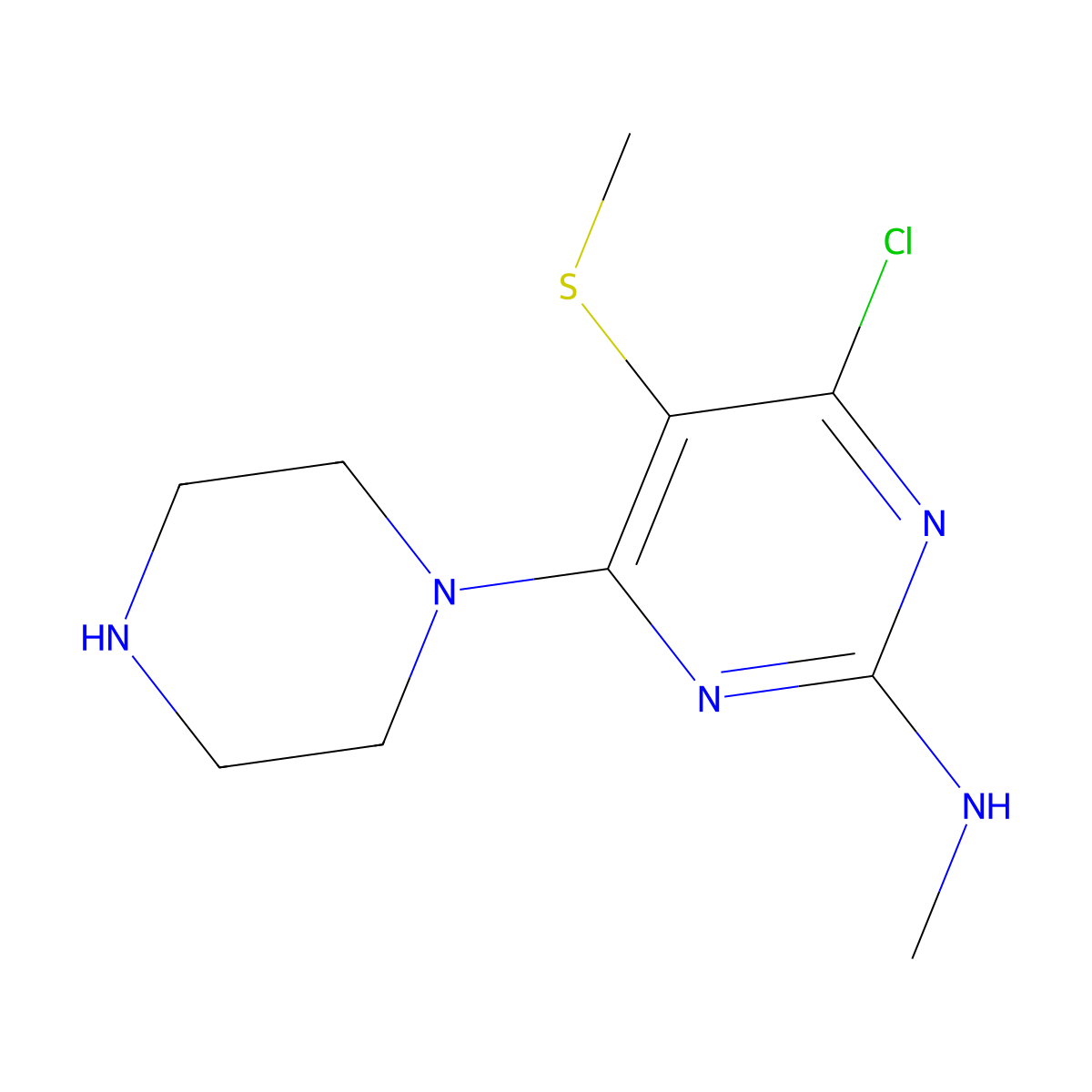 Pyrimidine, 4-chloro-2-methylamino-5-methylthio-6-piperazino- molecular structure, CAS 55921-71-6