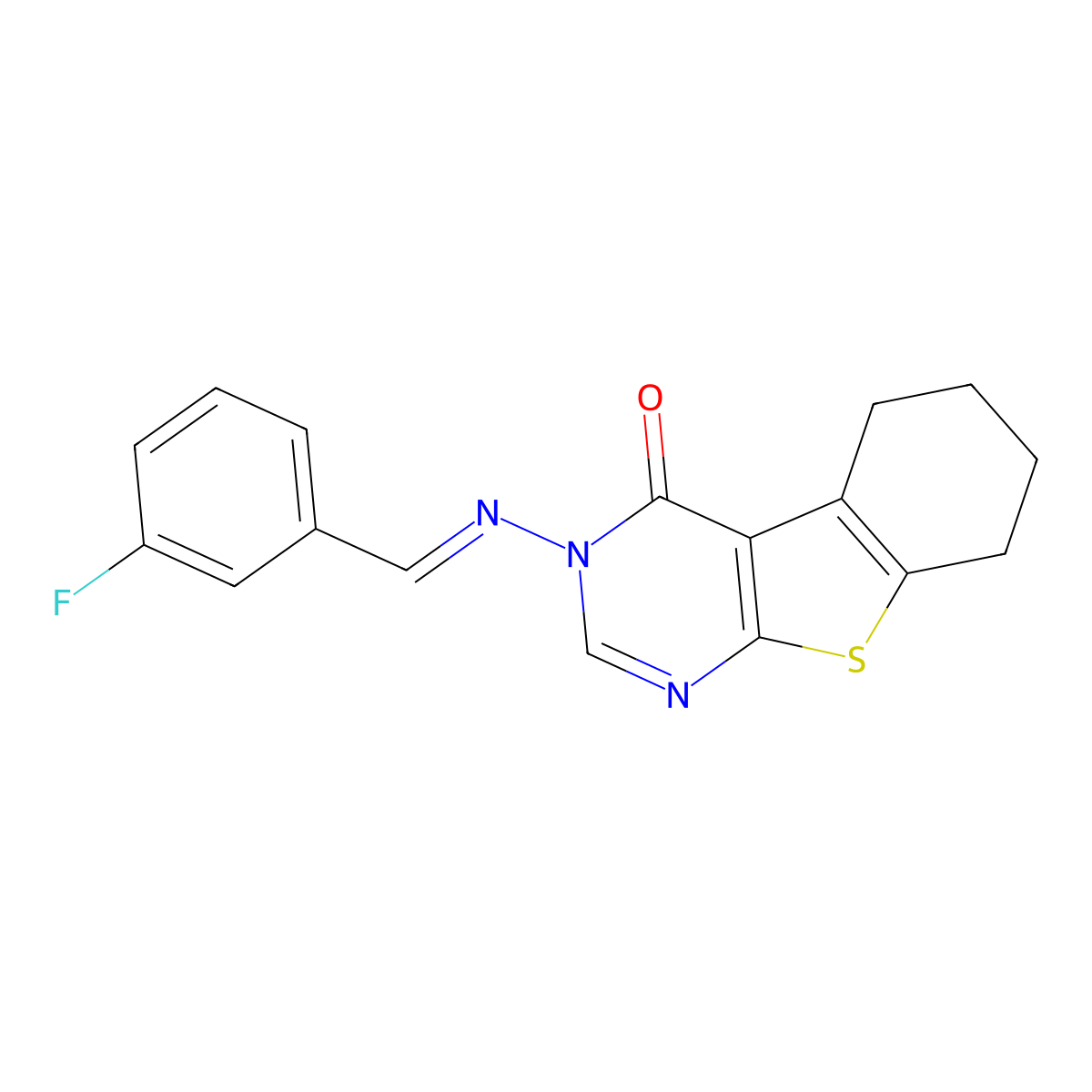 3-[(3-Fluorophenyl)methylideneamino]-5,6,7,8-tetrahydro-[1]benzothiolo[2,3-d]pyrimidin-4-one molecular structure, CAS 5593-57-7