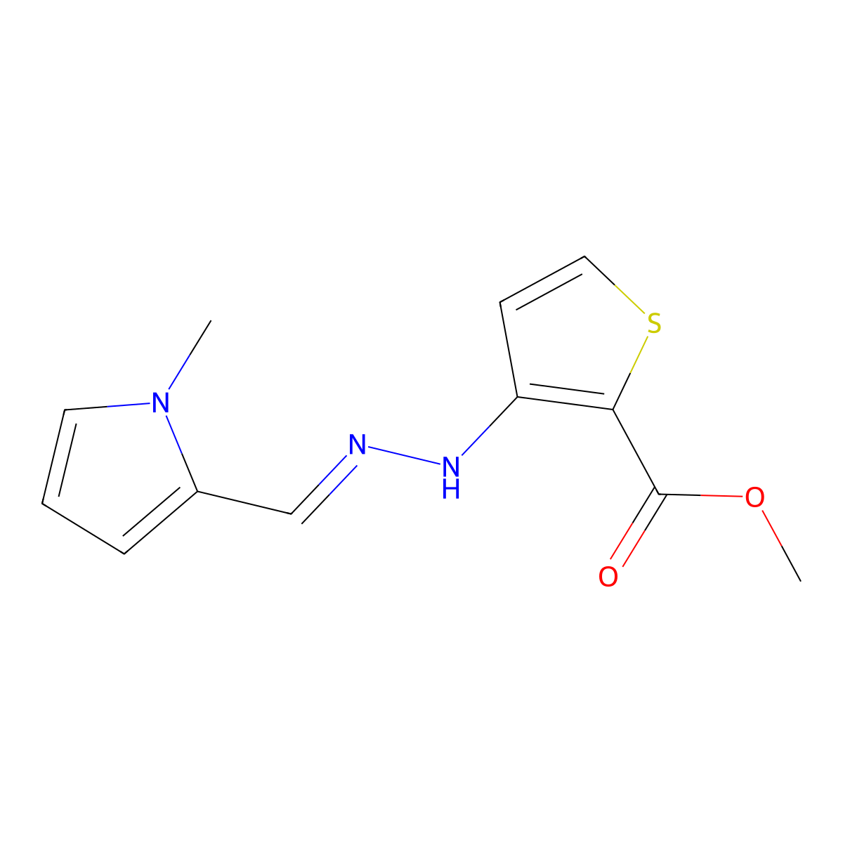 Methyl 3-[2-[(1-methylpyrrol-2-yl)methylidene]hydrazinyl]thiophene-2-carboxylate molecular structure, CAS 5593-71-5
