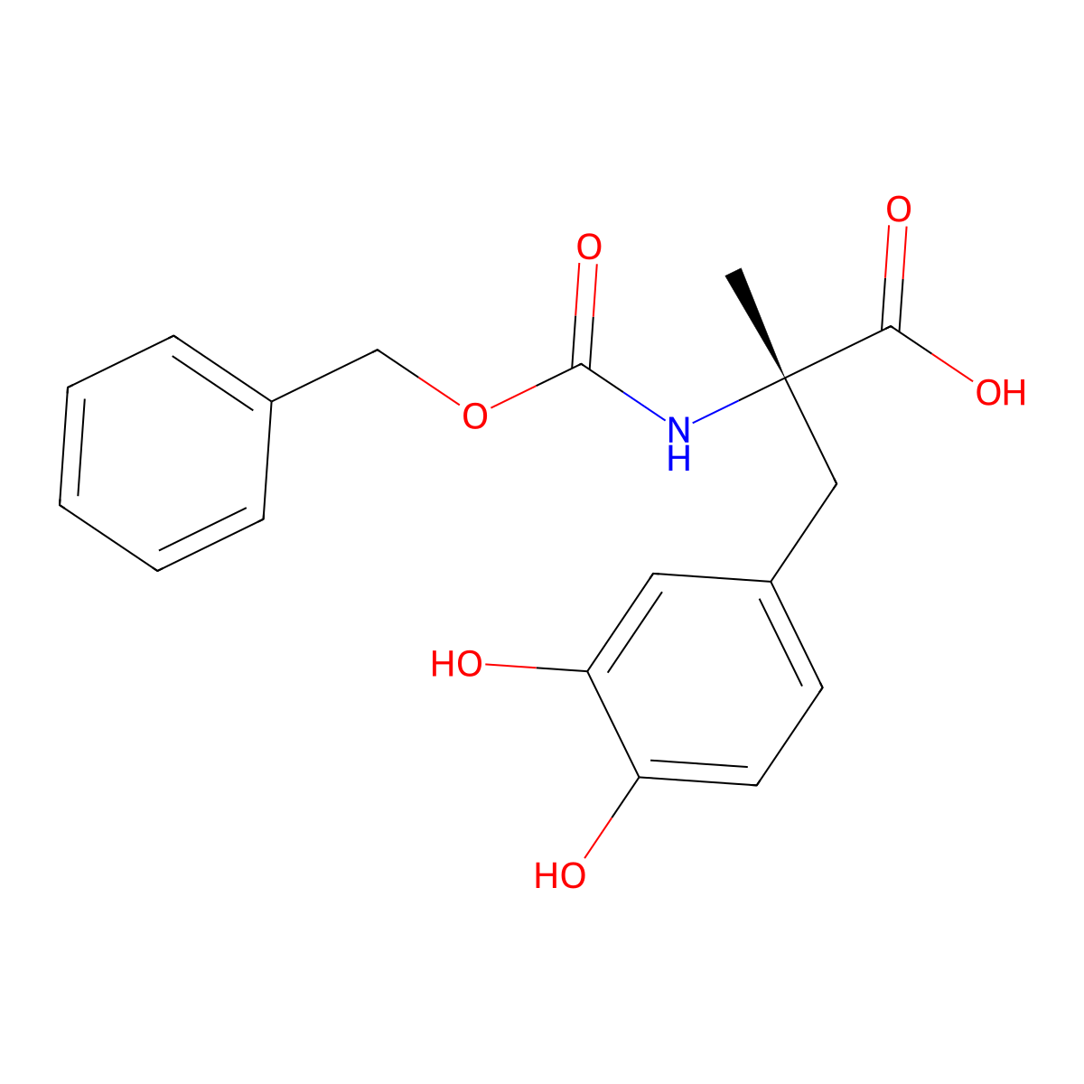 (2S)-2-{[(benzyloxy)carbonyl]amino}-3-(3,4-dihydroxyphenyl)-2-methylpropanoic acid molecular structure, CAS 55943-93-6
