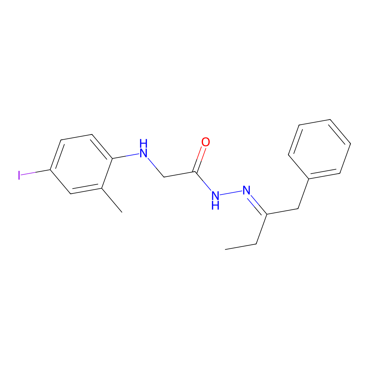 2-(4-iodo-2-methylanilino)-N-(1-phenylbutan-2-ylideneamino)acetamide molecular structure, CAS 5595-26-6