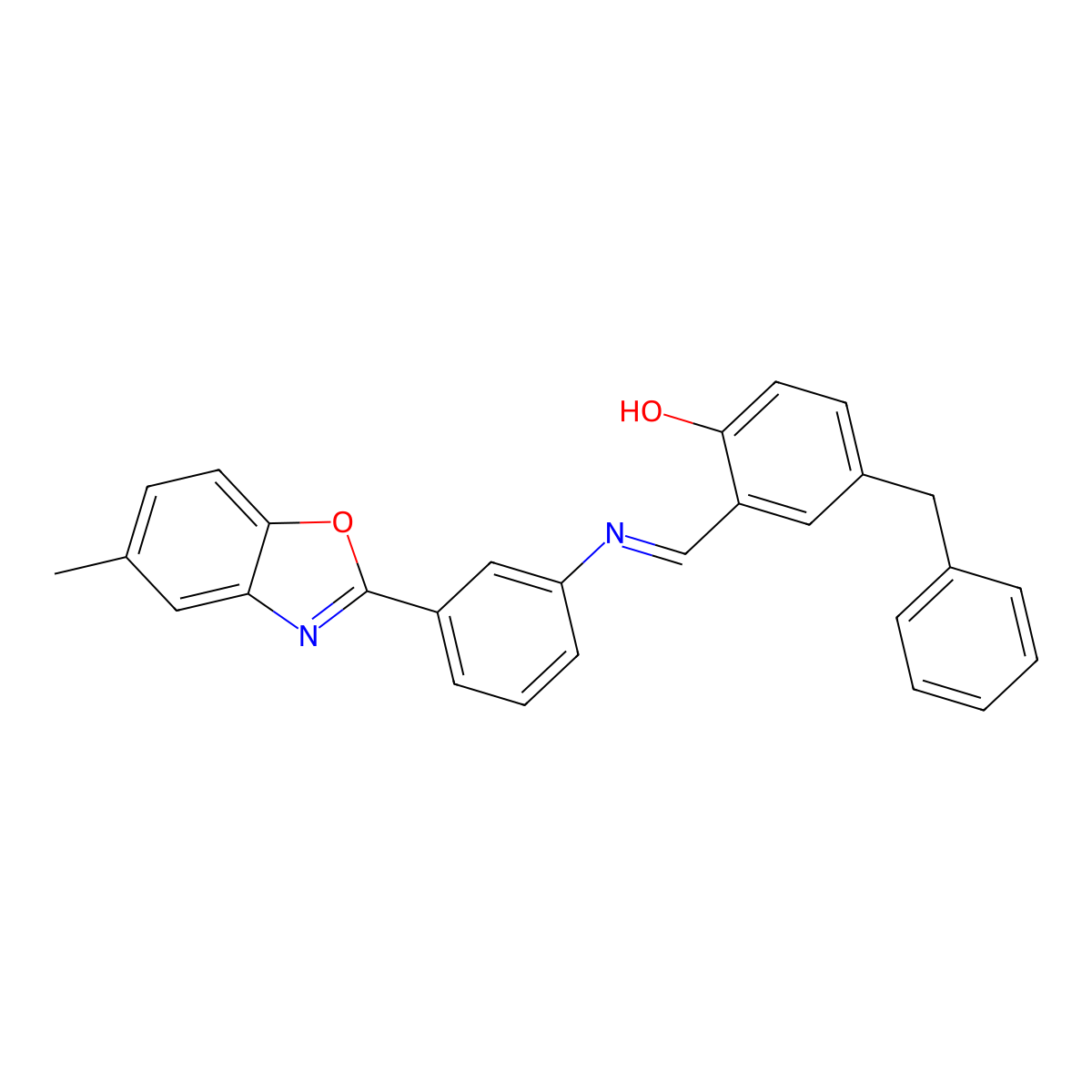 4-benzyl-2-[(E)-{[3-(5-methyl-1,3-benzoxazol-2-yl)phenyl]imino}methyl]phenol molecular structure, CAS 5596-13-4