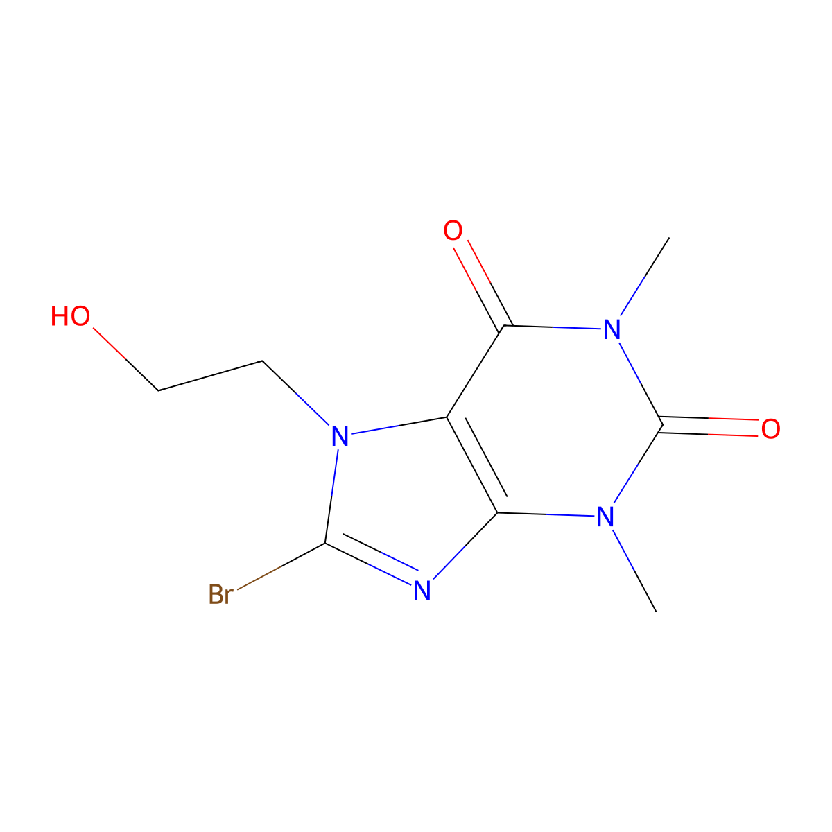 8-bromo-7-(2-hydroxyethyl)-1,3-dimethyl-1H-purine-2,6(3H,7H)-dione molecular structure, CAS 55970-61-1