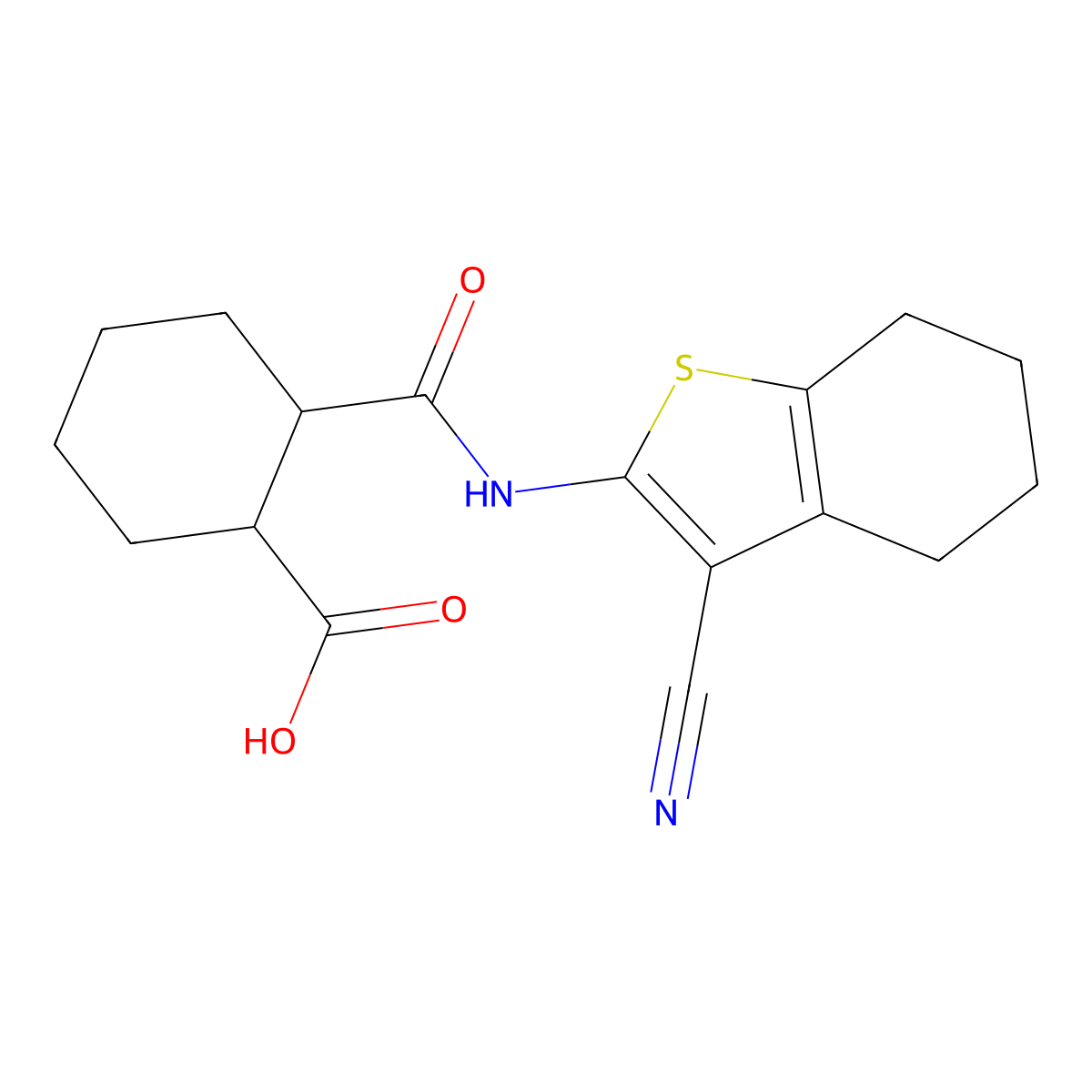 2-[(3-Cyano-4,5,6,7-tetrahydro-1-benzothiophen-2-yl)carbamoyl]cyclohexane-1-carboxylic acid molecular structure, CAS 560097-10-1