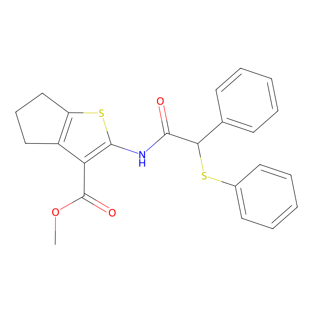 methyl 2-{[phenyl(phenylsulfanyl)acetyl]amino}-5,6-dihydro-4H-cyclopenta[b]thiophene-3-carboxylate molecular structure, CAS 560098-86-4