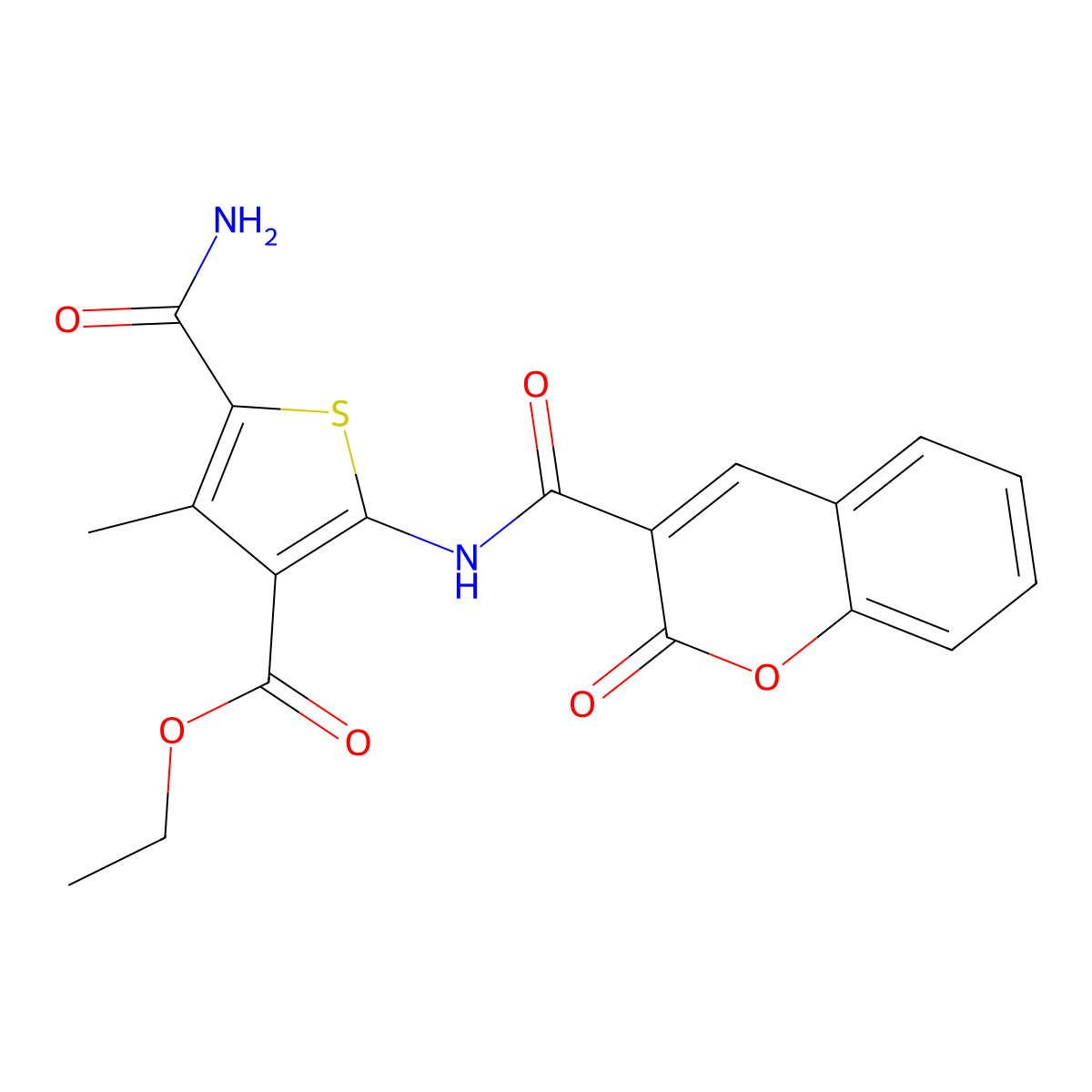 Ethyl 5-carbamoyl-4-methyl-2-[(2-oxochromene-3-carbonyl)amino]thiophene-3-carboxylate molecular structure, CAS 560100-21-2