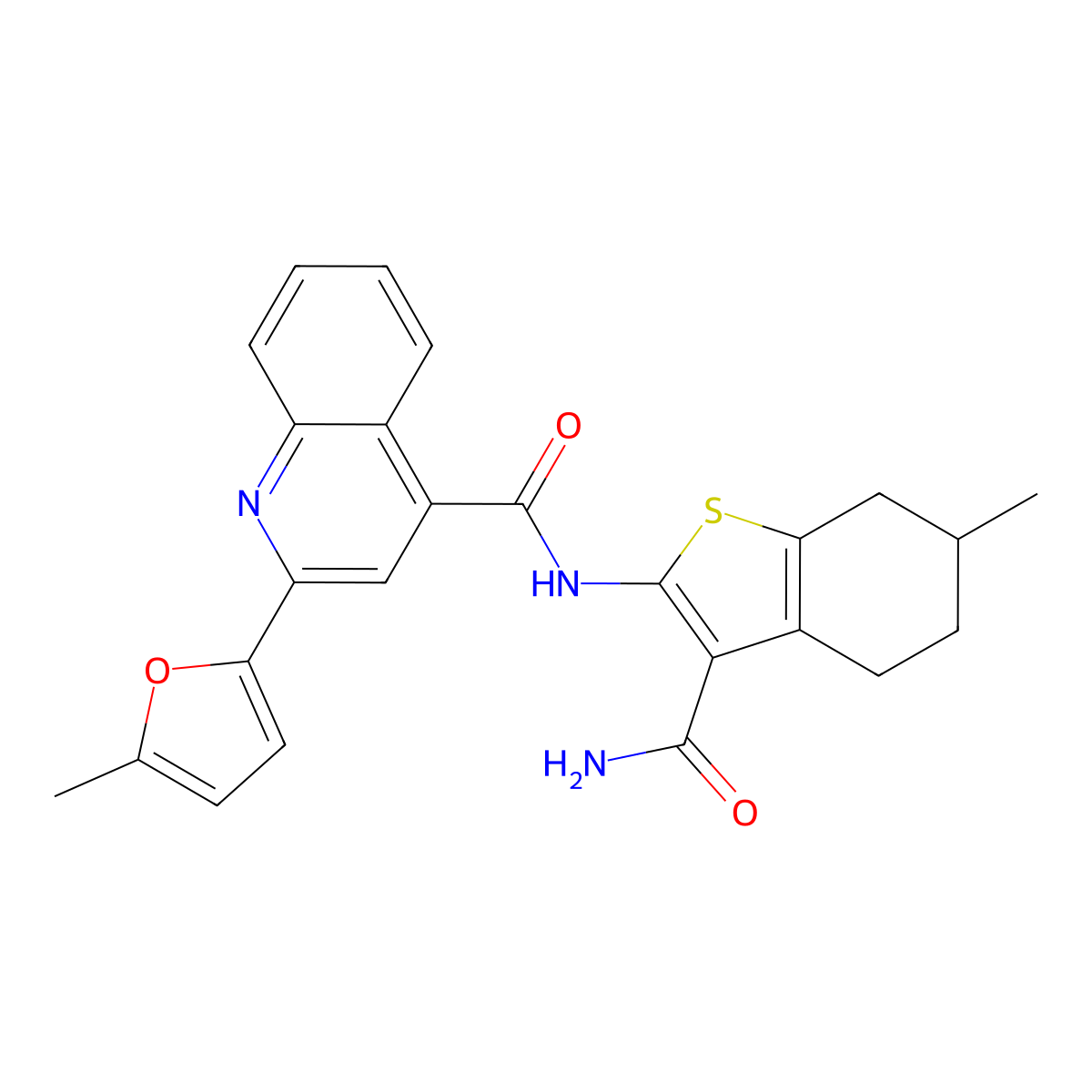 N-(3-carbamoyl-6-methyl-4,5,6,7-tetrahydro-1-benzothiophen-2-yl)-2-(5-methylfuran-2-yl)quinoline-4-carboxamide molecular structure, CAS 560105-74-0