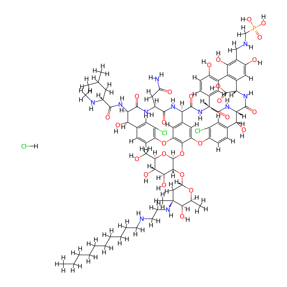 Vancomycin, N3''-(2-(decylamino)ethyl)-29-(((phosphonomethyl)amino)methyl)-, hydrochloride (1:1) molecular structure, CAS 560130-42-9