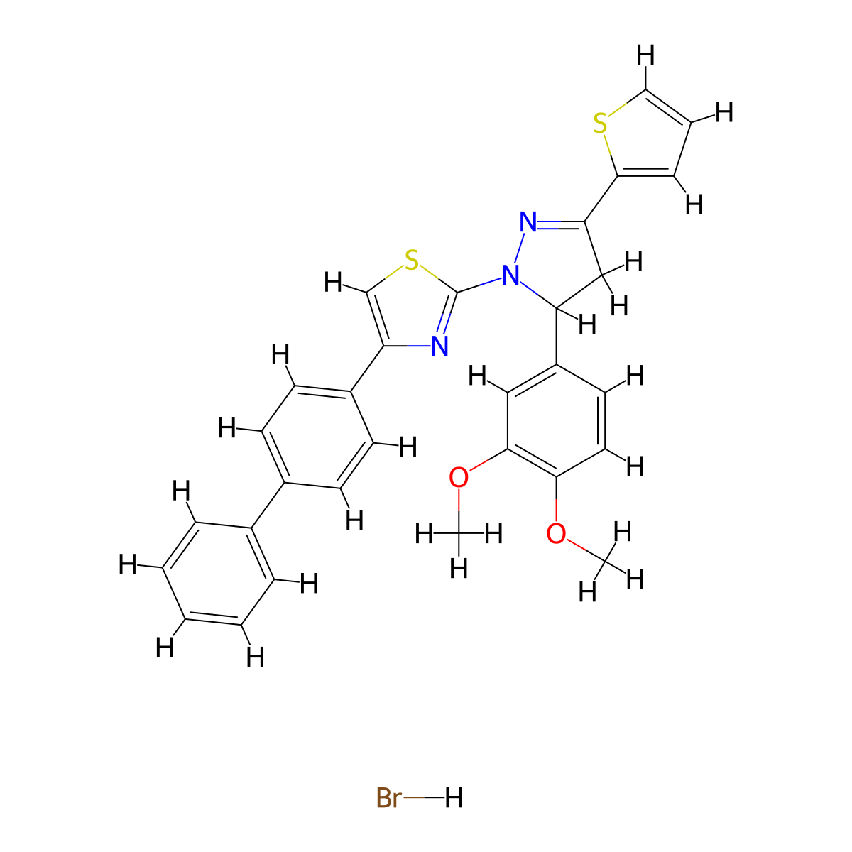 2-[3-(3,4-Dimethoxyphenyl)-5-thiophen-2-yl-3,4-dihydropyrazol-2-yl]-4-(4-phenylphenyl)-1,3-thiazole;hydrobromide molecular structure, CAS 5602-24-4