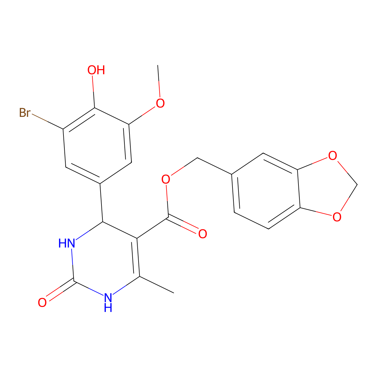1,3-Benzodioxol-5-ylmethyl 4-(3-bromo-4-hydroxy-5-methoxyphenyl)-6-methyl-2-oxo-1,2,3,4-tetrahydropyrimidine-5-carboxylate molecular structure, CAS 5602-26-6