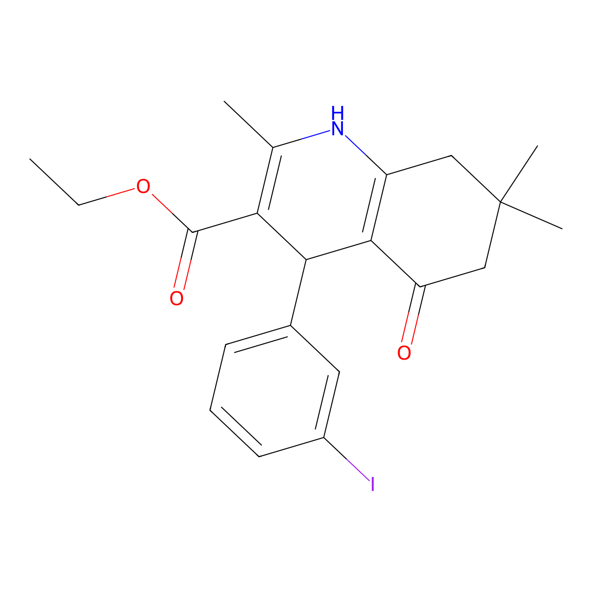 Ethyl 4-(3-iodophenyl)-2,7,7-trimethyl-5-oxo-1,4,5,6,7,8-hexahydroquinoline-3-carboxylate molecular structure, CAS 5602-52-8