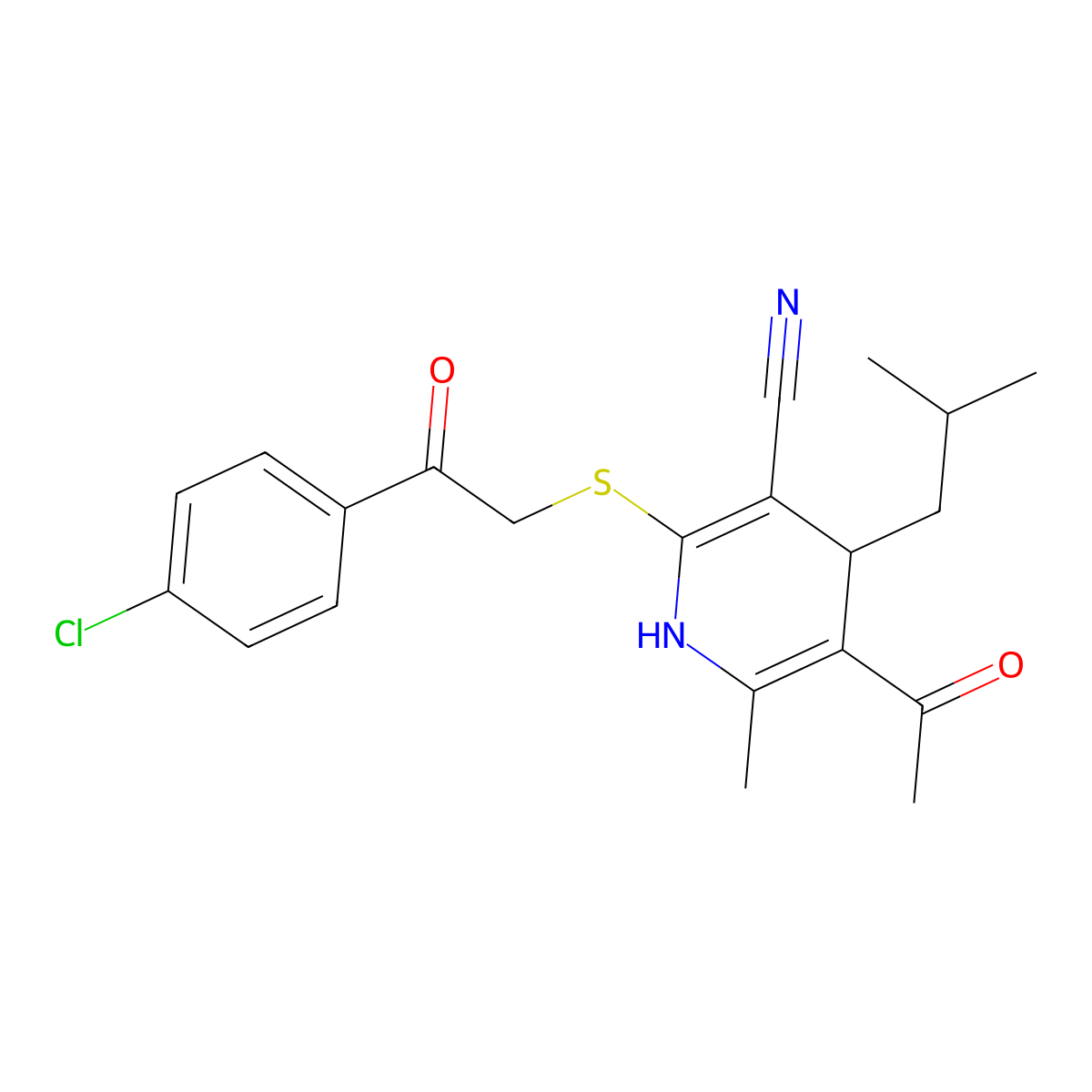 5-Acetyl-2-{[2-(4-chlorophenyl)-2-oxoethyl]sulfanyl}-6-methyl-4-(2-methylpropyl)-1,4-dihydropyridine-3-carbonitrile molecular structure, CAS 5602-66-4