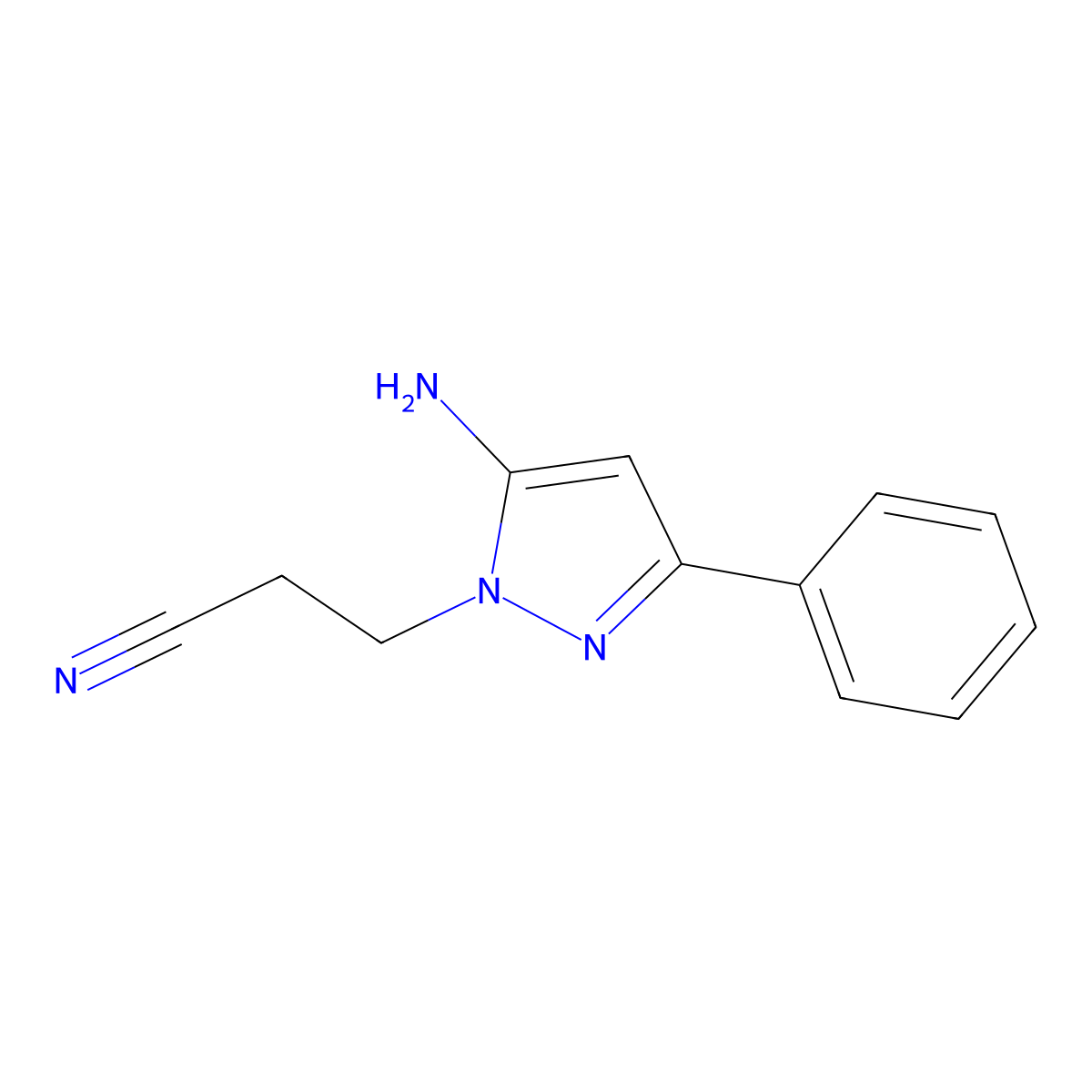 3-(5-Amino-3-phenylpyrazol-1-yl)propanenitrile molecular structure, CAS 56054-50-3