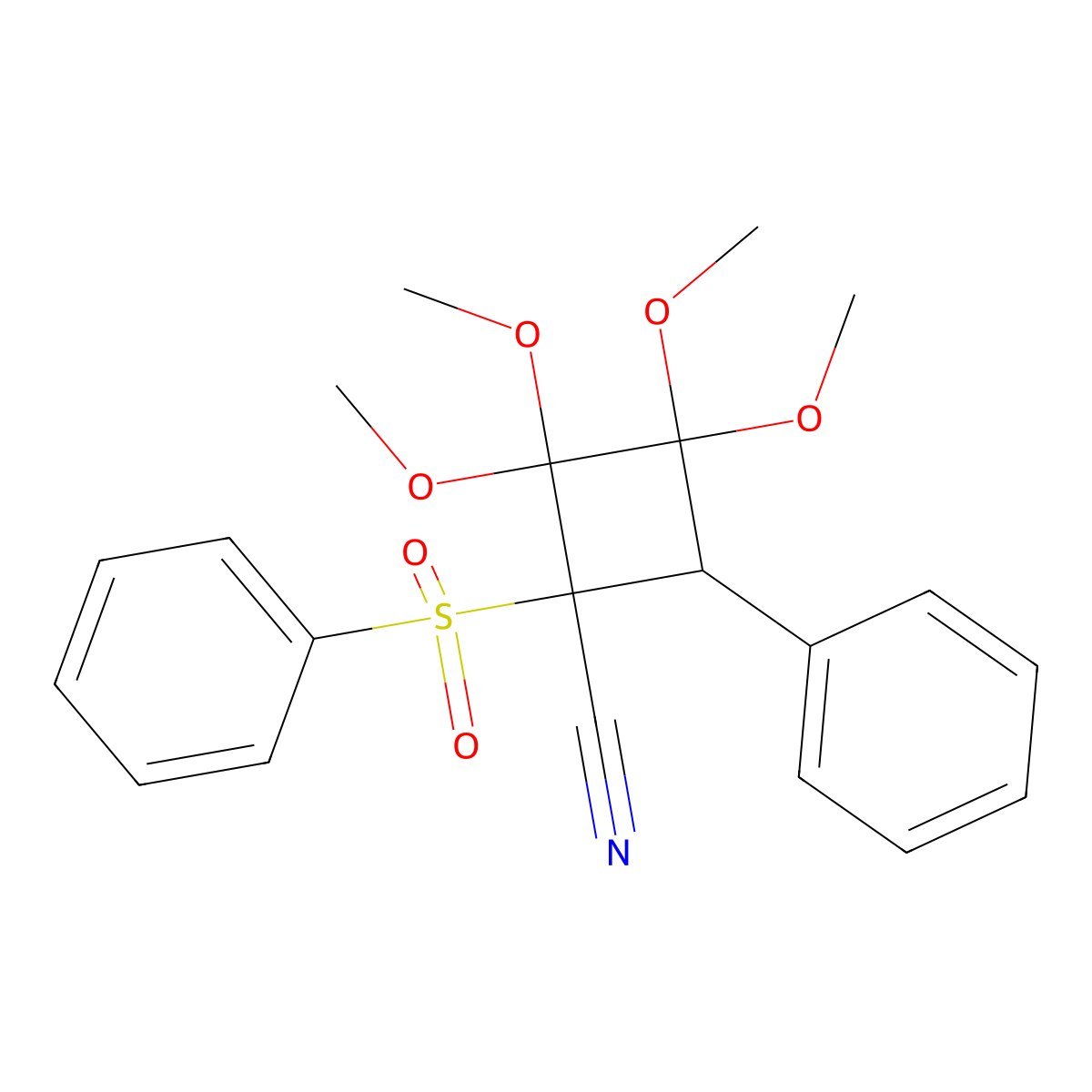 1-(Benzenesulfonyl)-2,2,3,3-tetramethoxy-4-phenylcyclobutane-1-carbonitrile molecular structure, CAS 56069-44-4