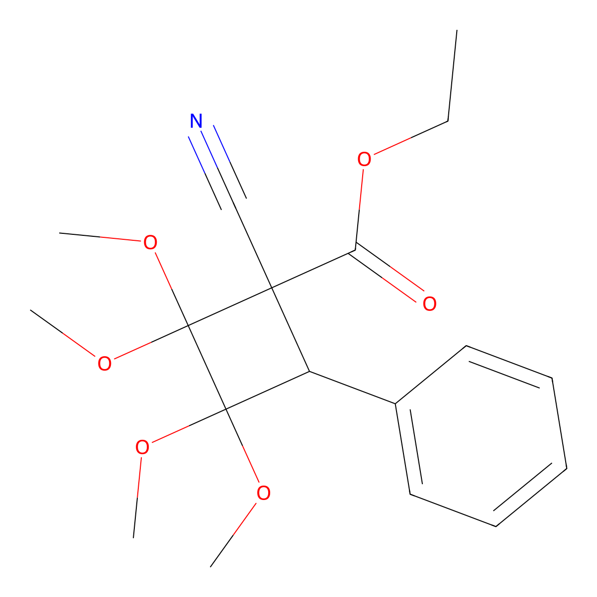 Ethyl 1-cyano-2,2,3,3-tetramethoxy-4-phenyl-cyclobutane-1-carboxylate molecular structure, CAS 56069-45-5