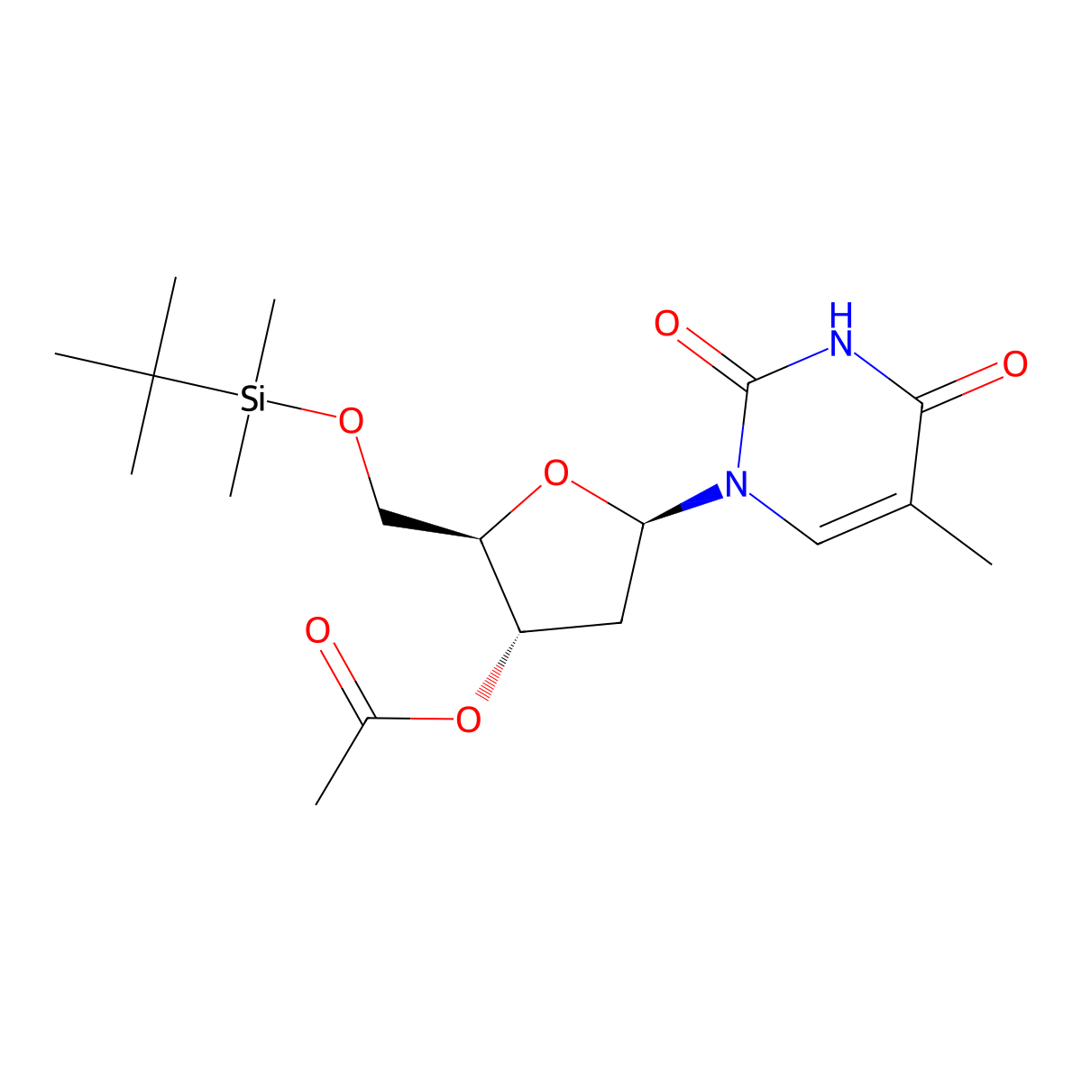 (2R,3s,5r)-2-(((tert-butyldimethylsilyl)oxy)methyl)-5-(5-methyl-2,4-dioxo-3,4-dihydropyrimidin-1(2h)-yl)tetrahydrofuran-3-yl acetate molecular structure, CAS 56070-42-9