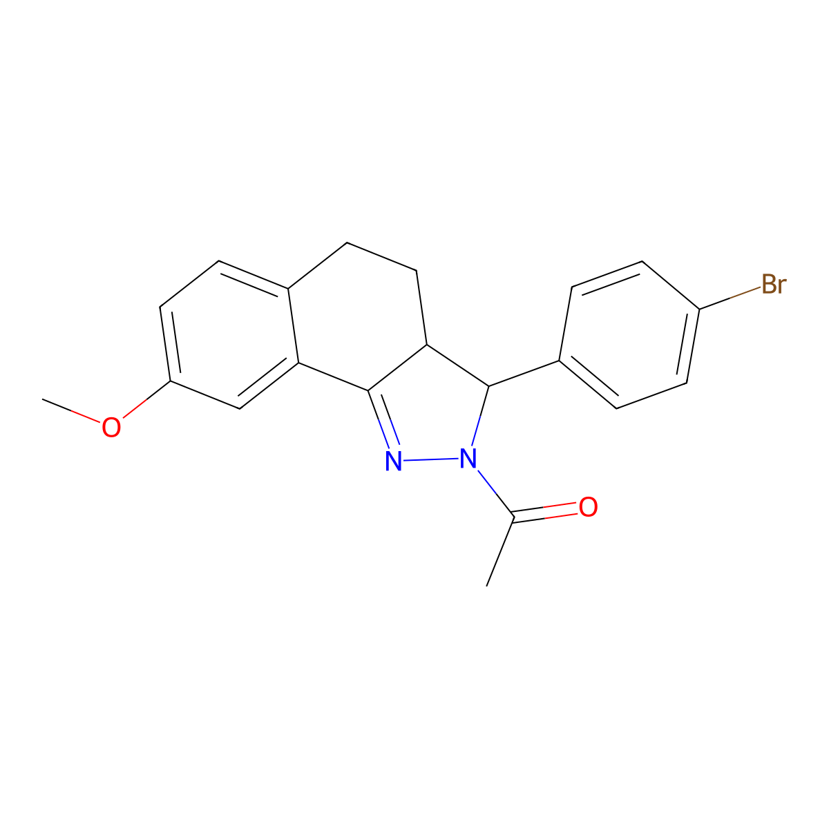 2-acetyl-3-(4-bromophenyl)-8-methoxy-3,3a,4,5-tetrahydro-2H-benzo[g]indazole molecular structure, CAS 5608-41-3