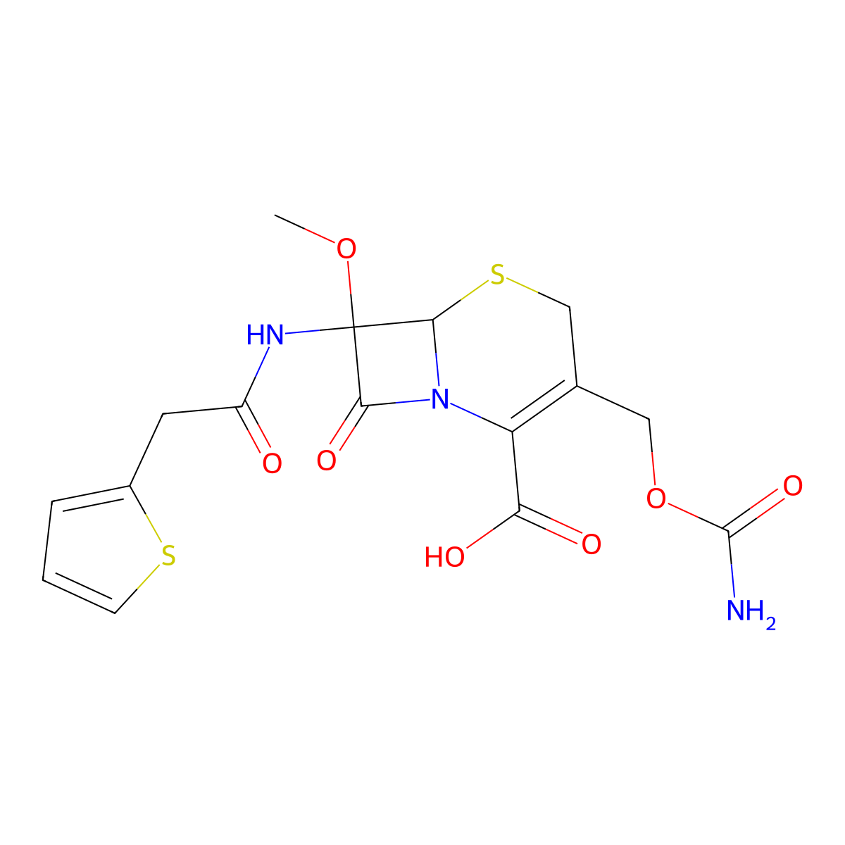 3-(Carbamoyloxymethyl)-7-methoxy-8-oxo-7-[[2-(2-thienyl)acetyl]amino]-5-thia-1-azabicyclo[4.2.0]oct-2-ene-2-carboxylic acid molecular structure, CAS 56082-95-2