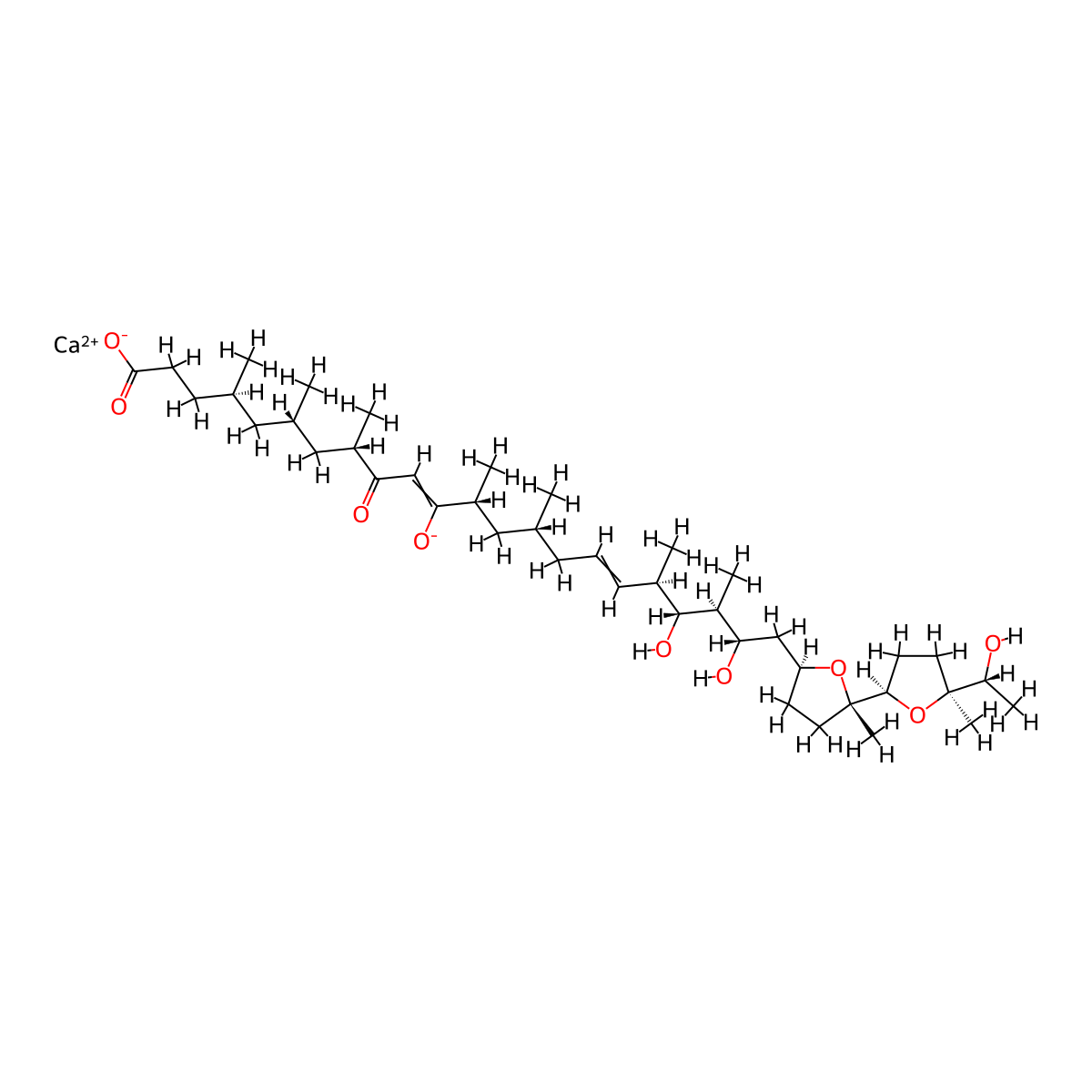 calcium (4R,6S,8S,12R,14R,18R,19R,20S,21S)-19,21-dihydroxy-22-[(2S,5S)-5-[(2R,5S)-5-[(1R)-1-hydroxyethyl]-5-methyloxolan-2-yl]-5-methyloxolan-2-yl]-4,6,8,12,14,18,20-heptamethyl-11-oxido-9-oxodocosa-10,16-dienoate molecular structure, CAS 56092-82-1