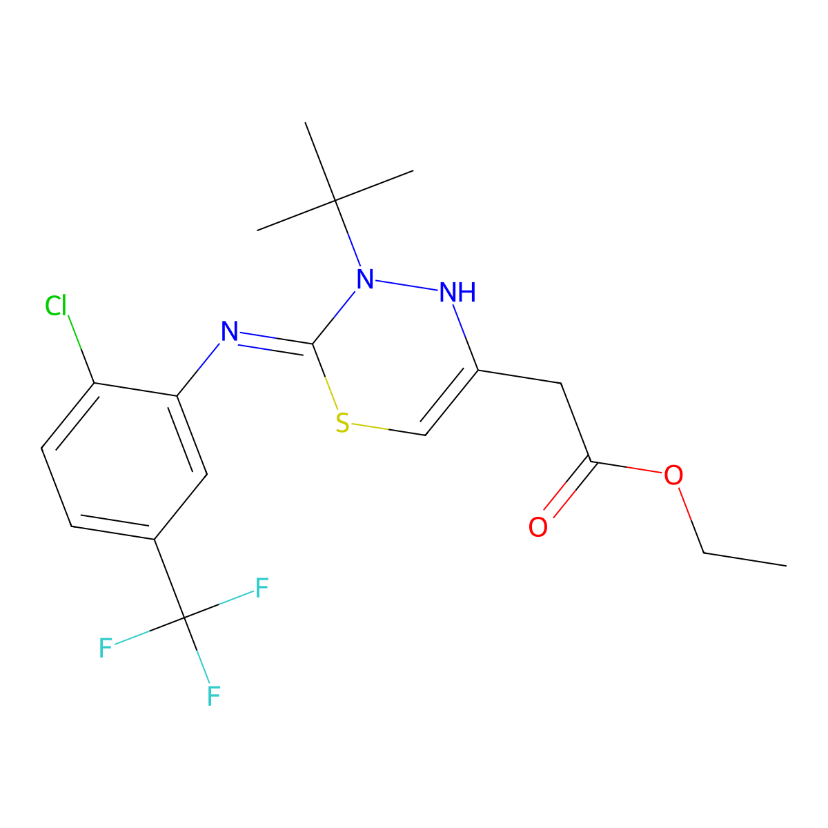 ethyl 2-(3-tert-butyl-2-((2-chloro-5-(trifluoromethyl)phenyl)imino)-3,4-dihydro-2H-1,3,4-thiadiazin-5-yl)acetate molecular structure, CAS 560995-30-4