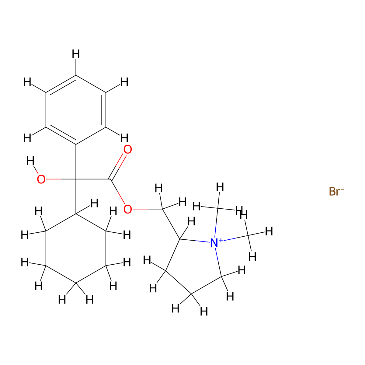 Pyrrolidinium, 2-(((2-cyclohexyl-2-hydroxy-2-phenylacetyl)oxy)methyl)-1,1-dimethyl-, bromide (1:1) molecular structure, CAS 561-43-3