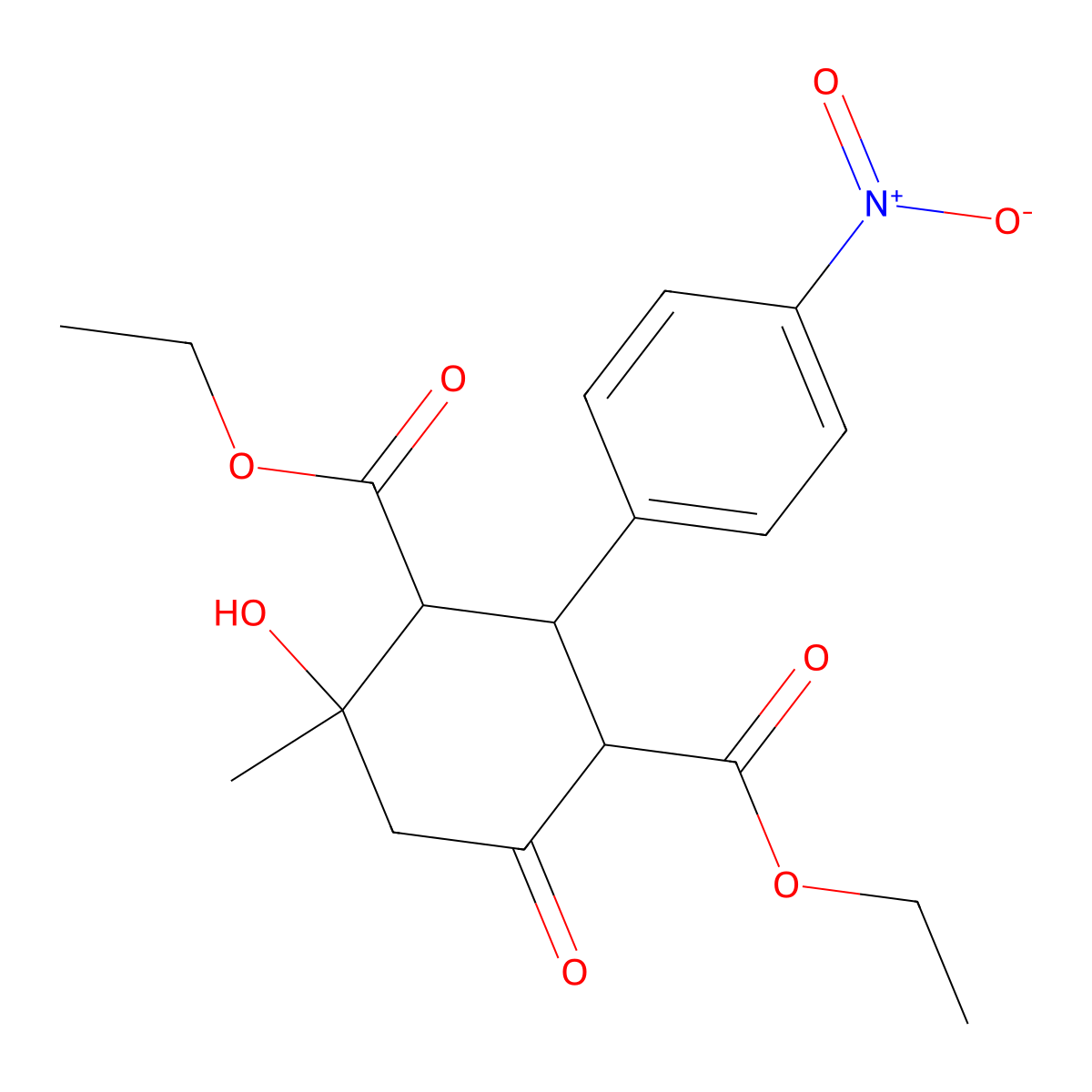 Diethyl 4-hydroxy-4-methyl-2-(4-nitrophenyl)-6-oxocyclohexane-1,3-dicarboxylate molecular structure, CAS 5610-43-5